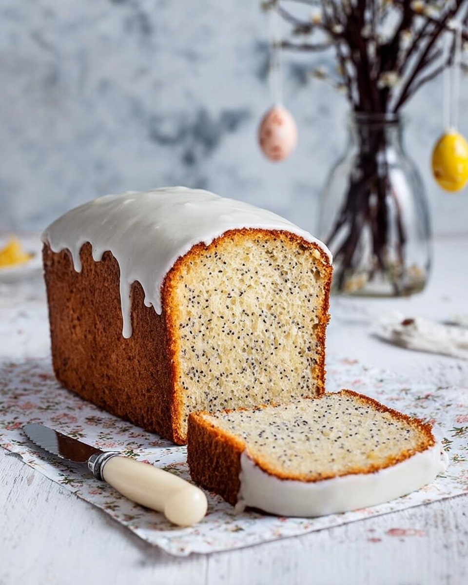 The image shows a tall, rectangular loaf cake with a golden-brown crust and a soft, light inside speckled with small black seeds, likely poppy seeds. The cake is topped with a smooth, thick white icing that drapes slightly over the sides and the front top edge. One slice is cut and lies flat in front of the loaf, showing the same texture inside with a thin crust edge. A knife with a creamy white handle and silver detailing rests near the slice on a patterned white cloth with tiny flower designs. The setup sits on a white marbled surface, and the background features a clear glass bottle with a dark branch and two hanging decorated eggs, suggesting a light, cozy setting. Photo taken with an iphone --ar 4:5 --v 7