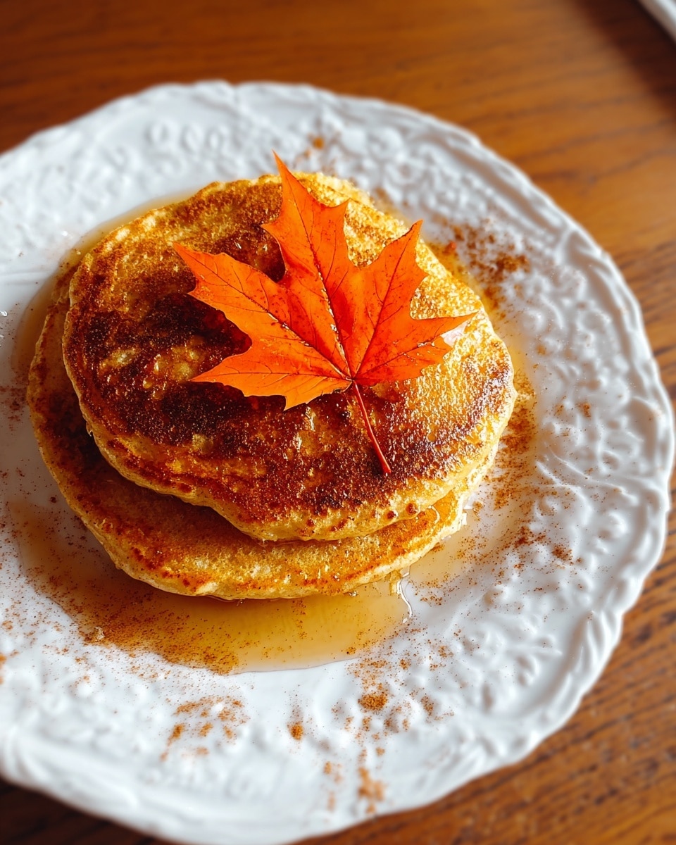 A stack of three golden-brown pancakes with a slightly crispy texture on the edges sits in the center of a white ornate plate. The top pancake is decorated with a bright orange maple leaf that has visible dark veins, adding a touch of autumn theme. There are small specks of cinnamon sprinkled around the pancakes on the plate, and a light drizzle of syrup is visible pooling around the pancakes' base. The plate rests on a wooden surface, and the overall look is warm and inviting. photo taken with an iphone --ar 4:5 --v 7