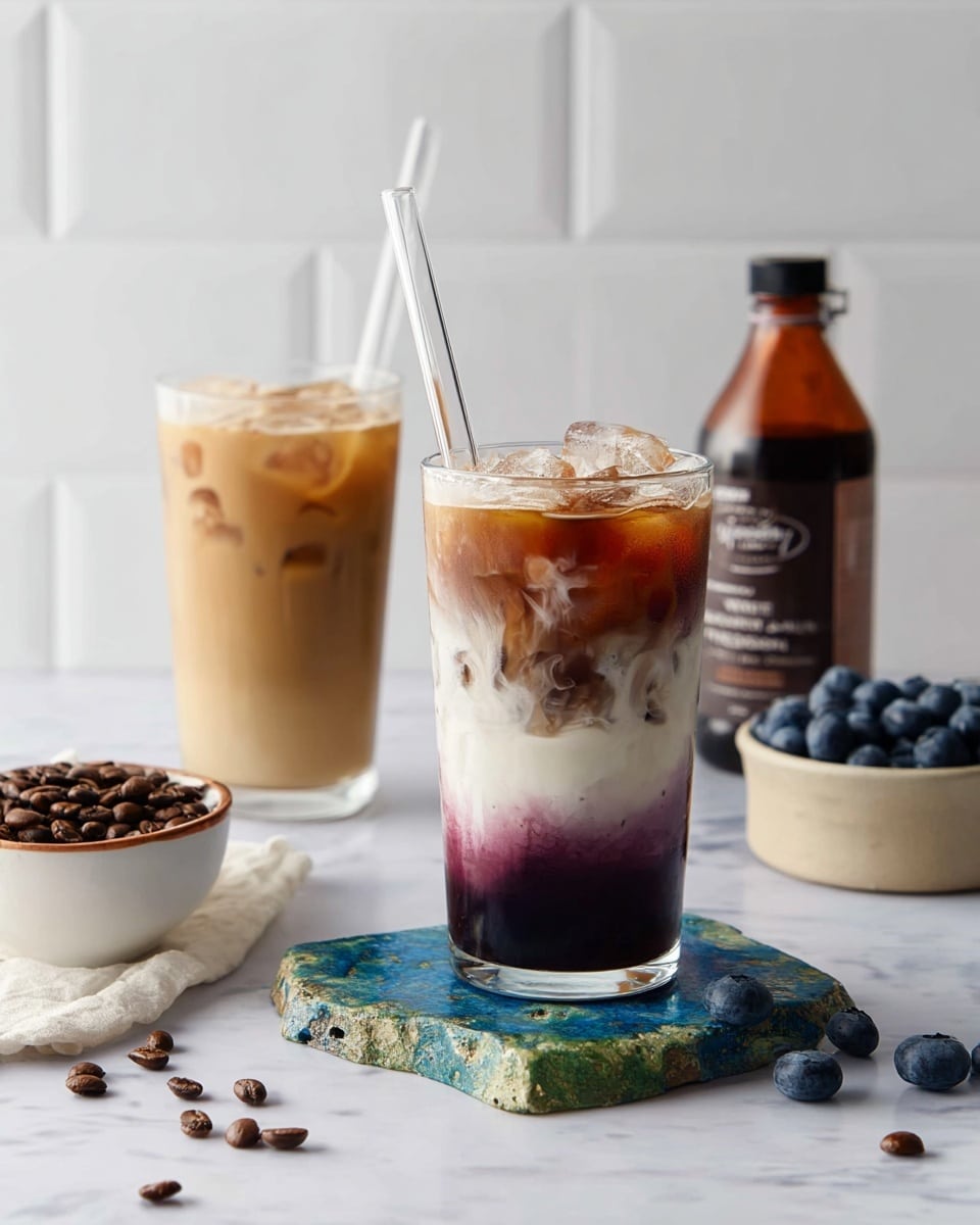 The image shows two iced coffee drinks on a white marbled surface with a white tiled wall background. The drink in the front has three distinct layers: a deep purple layer with a smooth texture at the bottom, a thick white creamy layer in the middle with some swirling, and a light brown frothy coffee layer on top with visible ice cubes and foam. This drink is served in a clear glass with a clear straw and rests on a blue and green stone coaster. Behind it, there is a second iced coffee in a clear glass filled with light brown coffee with ice cubes and a white straw, also on a blue coaster. To the left, there is a small white bowl filled with coffee beans sprinkled around on the surface. To the right, a brown bottle of vanilla extract stands next to a white container of fresh blueberries, with a few blueberries scattered on the table and a beige ceramic cup behind them. Photo taken with an iphone --ar 4:5 --v 7