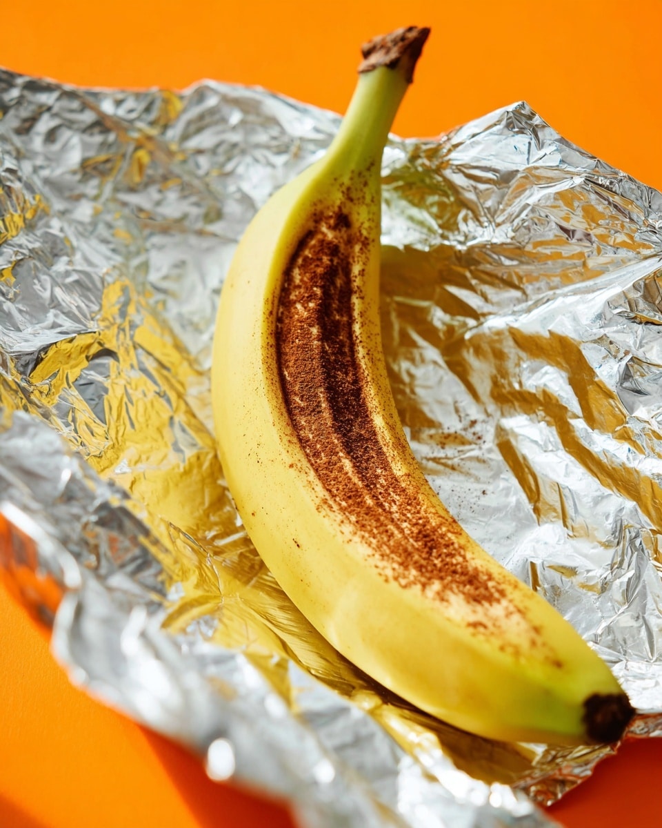 The image shows one peeled yellow banana partially sliced open lengthwise with the inside filled with a dark brown powdery spice, likely cinnamon. The banana is resting on crumpled shiny silver foil which surrounds it, placed on a white marbled surface with soft orange in the background. The banana skin is smooth with some light brown spots and the cinnamon filling has a rough, powdery texture visible within the sliced opening. photo taken with an iphone --ar 4:5 --v 7