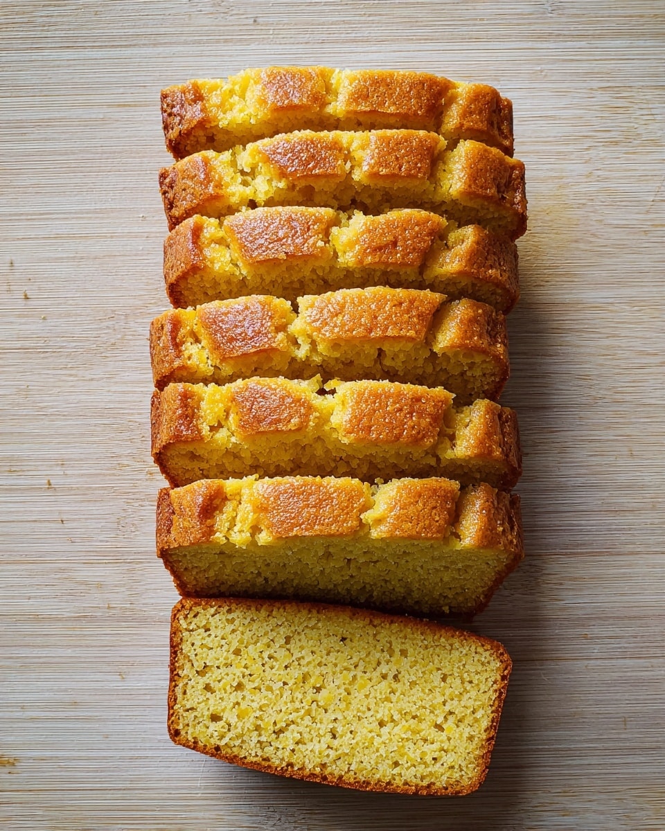 The image shows a loaf of golden brown cornbread sliced into nine even pieces. The crust is a darker golden color with a shiny, slightly crispy texture, while the inside is a soft, light yellow with a porous crumb structure. The slices are arranged neatly side by side on a white marbled textured surface, with the last slice slightly tilted to reveal the airy inside. photo taken with an iphone --ar 4:5 --v 7