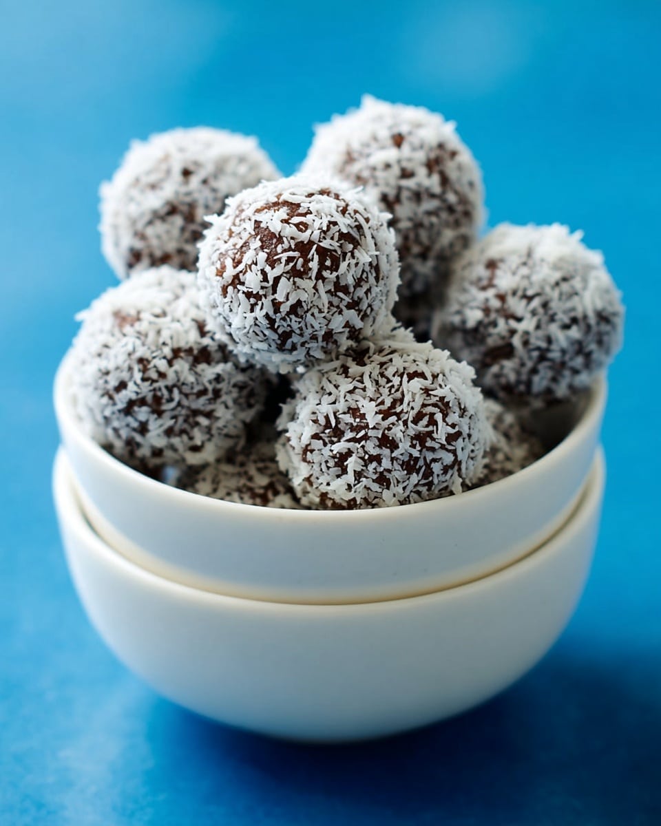 A white bowl filled with seven round chocolate balls covered with a layer of white shredded coconut. The balls look soft and textured, with small pieces of coconut sticking out all over. The bowl is stacked on top of another empty white bowl, placed on a smooth blue background. The focus is sharp on the front balls, showing their rough coconut surface clearly while the background is blurred. photo taken with an iphone --ar 4:5 --v 7
