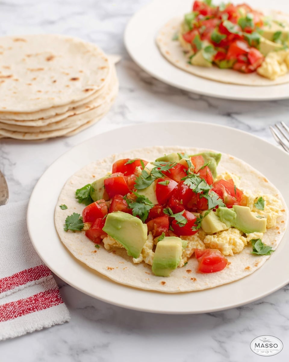 A white plate holds a soft tortilla with three main layers: the bottom layer is light beige scrambled eggs, the middle layer is creamy green avocado chunks, and the top layer is bright red chopped tomatoes mixed with fresh green cilantro sprinkled over the top. In the background, another white plate with a similar tortilla and topping is visible, sitting on a white marbled surface. To the left, a small stacked pile of plain tortillas rests on the same white marbled surface. Nearby, there is a fork and knife placed together. photo taken with an iphone --ar 4:5 --v 7