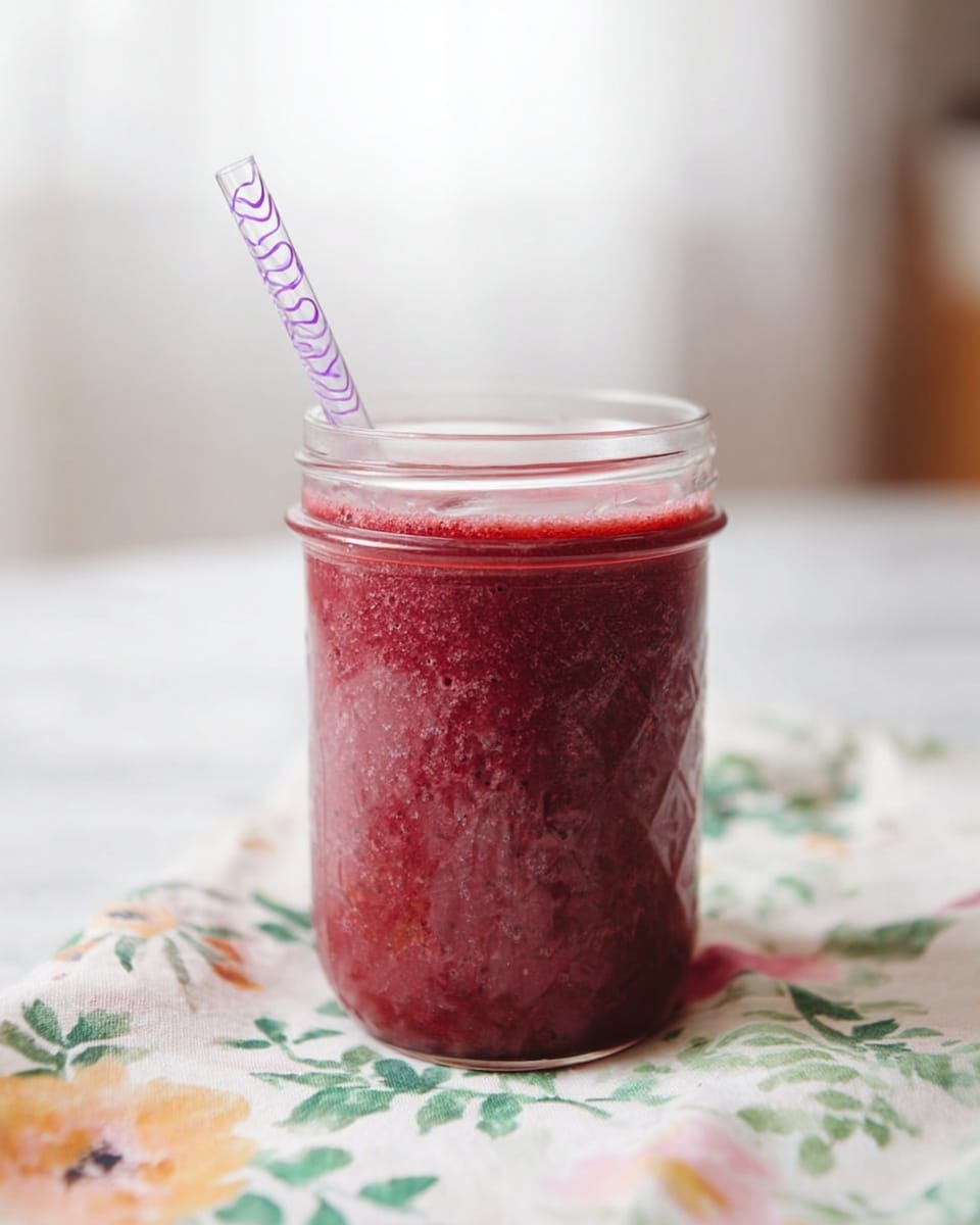 A clear glass jar filled with a dark red, slightly frothy juice, showing a textured fruit pulp inside. The liquid reaches near the top, with a light layer of foam on the surface. A clear glass straw with a small purple spiral detail is placed inside the jar. The jar sits on a white marbled surface with a soft, floral cloth beneath it, giving a fresh and bright look. photo taken with an iphone --ar 4:5 --v 7