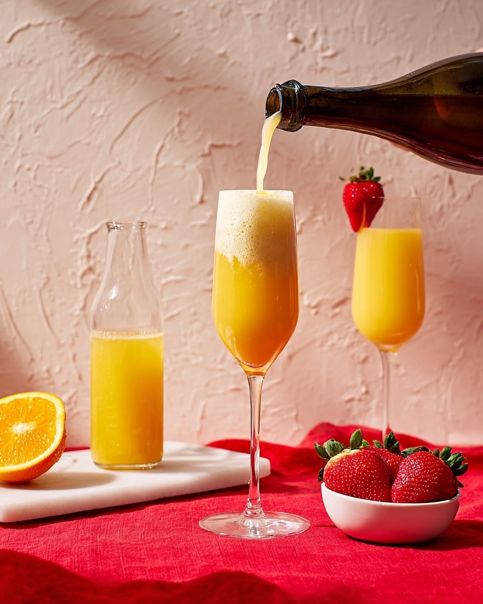 A tall clear glass flute is filled with a light orange-yellow drink being poured from a dark bottle, creating a foamy top layer. Behind it, there is another glass flute filled with the same orange-yellow liquid, garnished with a bright red strawberry on the rim. To the left, a clear glass jug holds more orange-yellow juice, placed beside a wedge of vibrant orange fruit. On the right, a small white bowl sits on a deep red cloth, filled with fresh red strawberries, one strawberry lying outside the bowl. All items rest on a white marbled textured surface with a peach-colored textured wall in the background. photo taken with an iphone --ar 4:5 --v 7