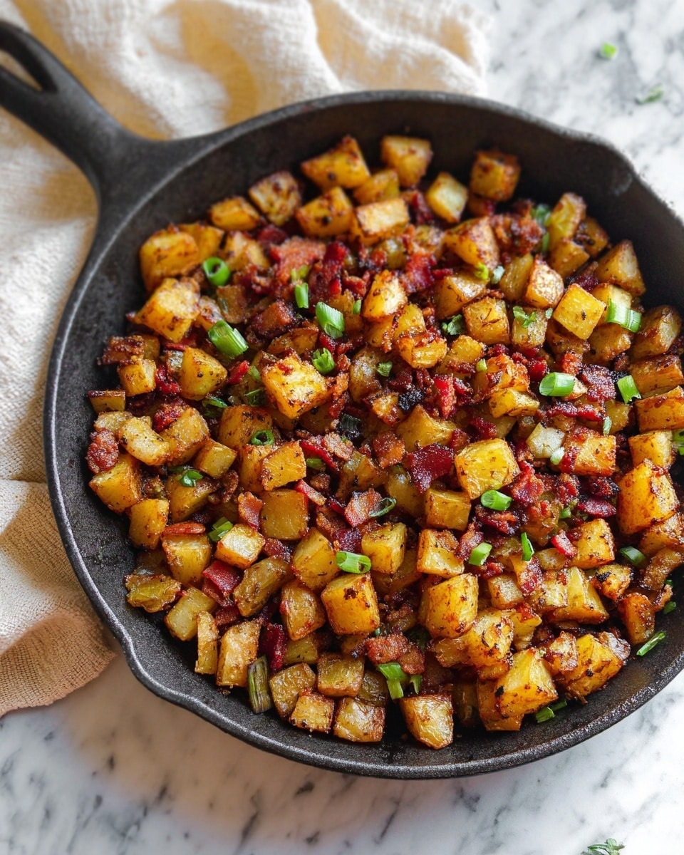 A cast iron skillet filled with small, golden brown diced potatoes cooked to a crispy texture, mixed with pieces of crispy reddish-brown bacon and small green onion slices scattered on top. The potatoes have a mix of dark and light brown spots indicating a well-cooked, crunchy surface. The skillet sits on a white marbled textured surface with part of a cream-colored cloth visible in the background. photo taken with an iphone --ar 4:5 --v 7