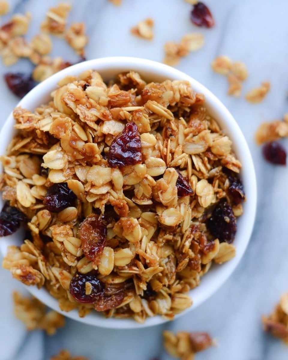 A close-up view of a white bowl filled with golden brown granola that has visible clusters of oats and dried fruit pieces mixed inside, showing textures that are crunchy and slightly sticky. The bowl is placed on a white marbled surface, with some granola scattered loosely around it, adding a natural and casual feel to the scene. photo taken with an iphone --ar 4:5 --v 7