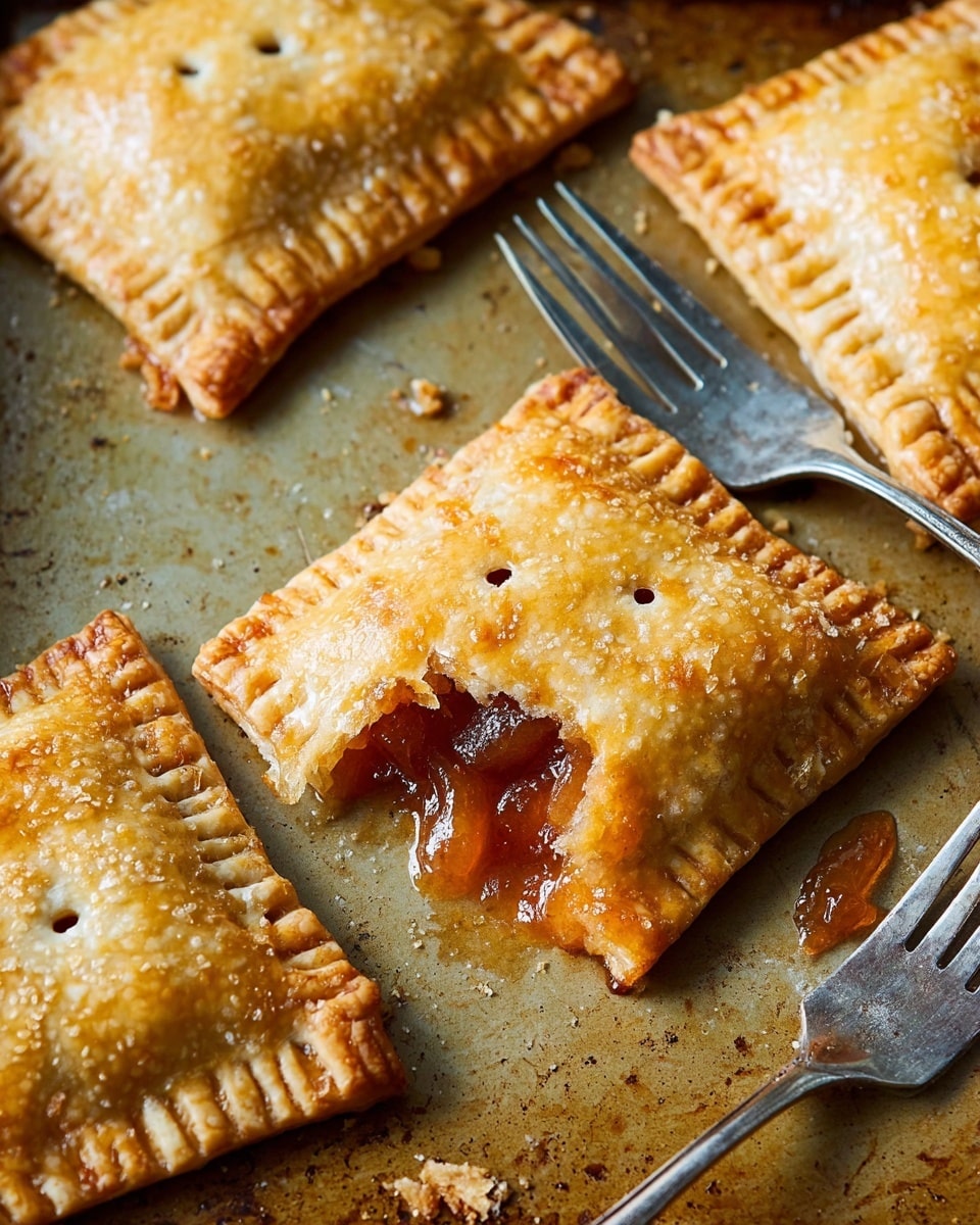 The image shows a close-up of a square-shaped golden brown pastry with a flaky texture, partially broken to reveal a gooey, amber-colored filling inside that looks sticky and sweet. The pastry has a slightly shiny surface with small fork marks pressed around the edges and small holes on the top. It rests on a scratched, worn metal surface with a silver fork placed nearby on the right side. Photo taken with an iphone --ar 4:5 --v 7