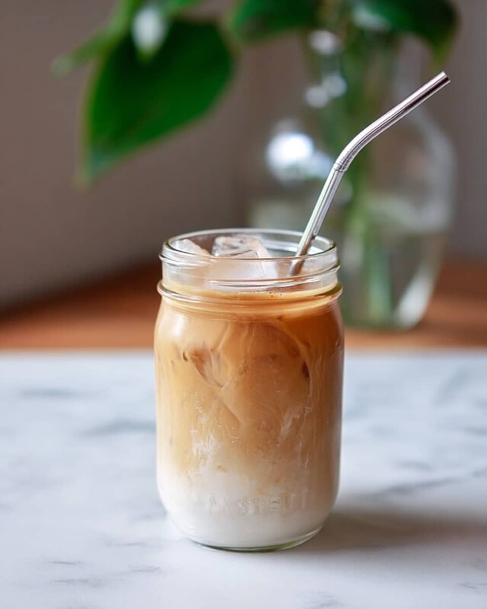 The image shows a clear glass jar filled with a layered iced coffee drink. At the bottom, there is a thick layer of creamy white milk. Above this, a light brown coffee layer blends slightly with the milk, creating a smooth gradient. The topmost layer is a swirl of milk foam with a creamy texture. Inside the jar, there is a metal straw angled outwards. The jar is placed on a white marbled surface with a blurred background of green leaves in a glass vase. photo taken with an iphone --ar 4:5 --v 7