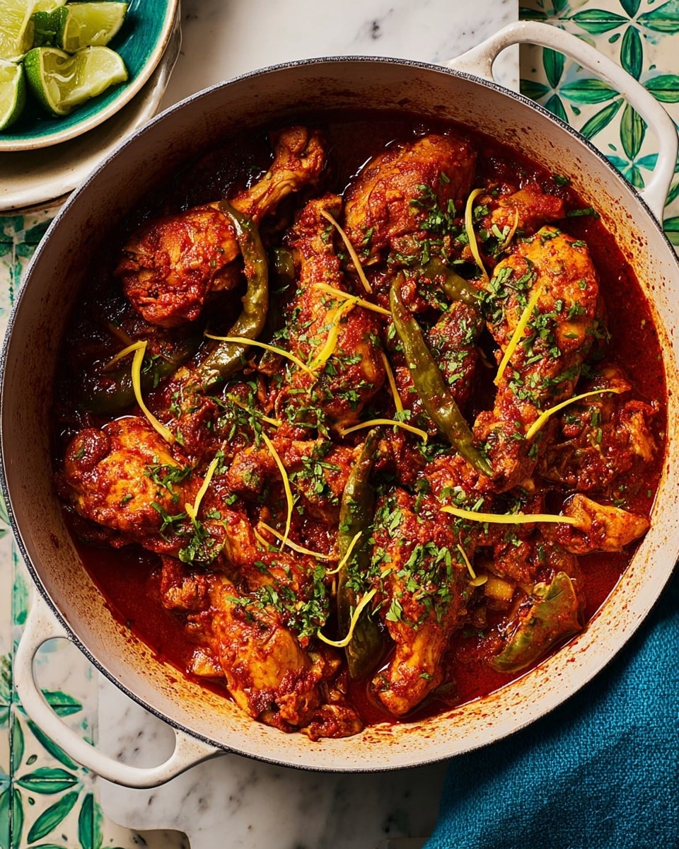 A round white pot full of cooked chicken pieces in a thick red sauce with visible spices and herbs. The chicken is covered with green chopped herbs and thin yellow strips of ginger on top. There are whole green peppers mixed in with the chicken and sauce. The pot is placed on a white marbled surface with a decorative green tile and a plate with lime wedges nearby. A blue cloth is seen under the pot handle. Photo taken with an iphone --ar 4:5 --v 7