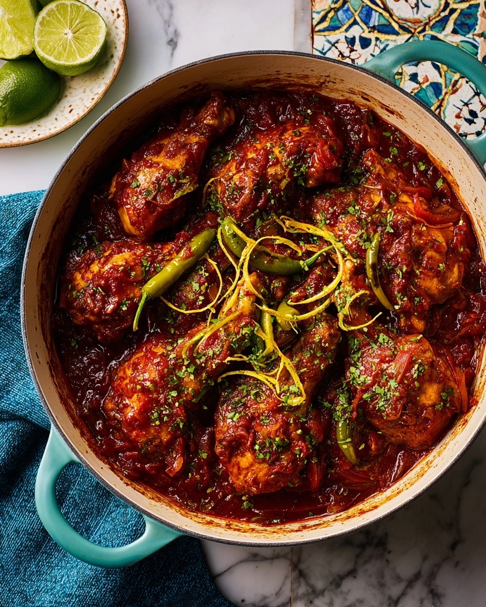 A large white pot filled with several pieces of chicken coated in a thick, dark red sauce with visible bits of tomatoes and spices. The chicken pieces are arranged in one layer, topped with a light sprinkle of chopped green herbs and thin yellow strips of ginger. There are also a few whole green chili peppers scattered on top of the chicken. The pot sits on a white marbled surface next to a blue cloth and a patterned tile with lime slices. Photo taken with an iphone --ar 4:5 --v 7
