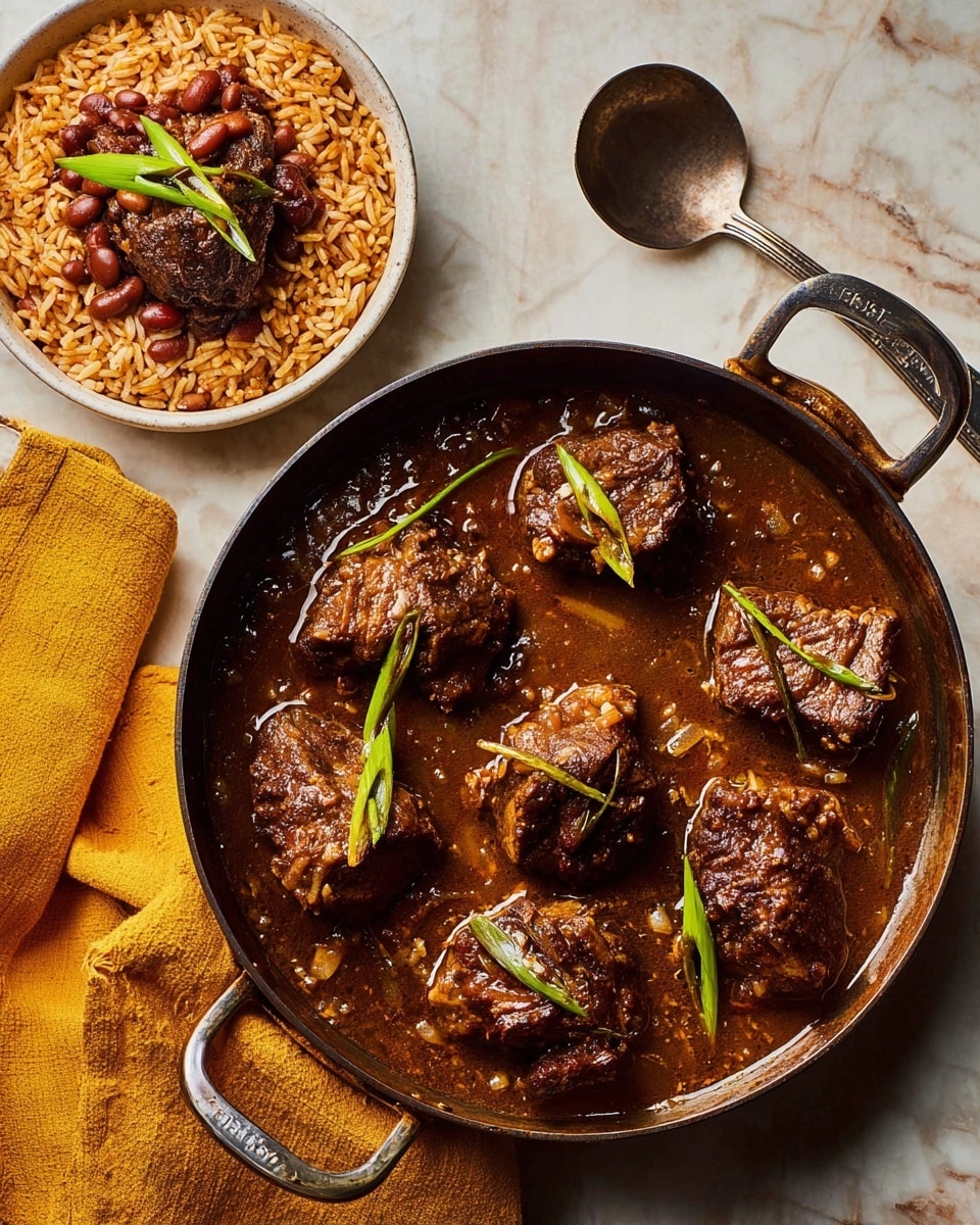 The image shows a large round pan filled with six chunky pieces of dark brown braised meat sitting in a thick, rich brown sauce with visible bits of seasoning and small green onion stalks scattered on top; to the left, a white bowl contains a layered mix of reddish-brown beans and light brown rice with three pieces of meat on top, garnished with a green onion piece, all placed on a white marbled surface. A metal spoon handles over the pan, and a mustard-yellow cloth napkin is partially under the pan's handle. Photo taken with an iphone --ar 4:5 --v 7