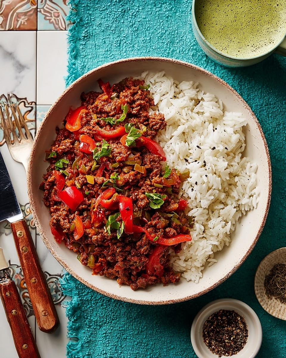 A white bowl filled with a two-layered dish, where the bottom layer is fluffy white rice neatly arranged on one side, and the top layer is a chunky, saucy minced beef mixture with visible pieces of red bell pepper, onions, and fresh green herbs scattered on top. The bowl sits on a bright teal cloth, placed on a white marbled textured surface with patterned tiles visible along the edges. To the left of the bowl, a knife and fork with wooden handles rest on the teal cloth, and to the right, there is a small white dish with ground black pepper beside a cup containing a frothy green drink. photo taken with an iphone --ar 4:5 --v 7