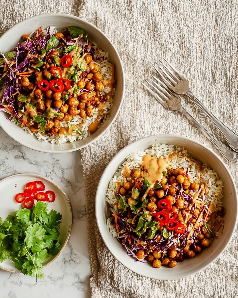 Two white bowls sit on a white marbled surface covered with a light beige textured cloth. Each bowl is filled with a base layer of cooked rice, which is topped with golden-brown roasted chickpeas. Over the chickpeas, there is a layer of shredded purple and orange vegetables mixed with green herbs, possibly cilantro. Bright red sliced chili peppers add a pop of color on top, along with a drizzle of creamy light brown sauce. Near the bowls, two silver forks lie side by side, and a small white plate holds fresh green cilantro sprigs and a few more red chili slices. The overall look is colorful, fresh, and warm. photo taken with an iphone --ar 4:5 --v 7