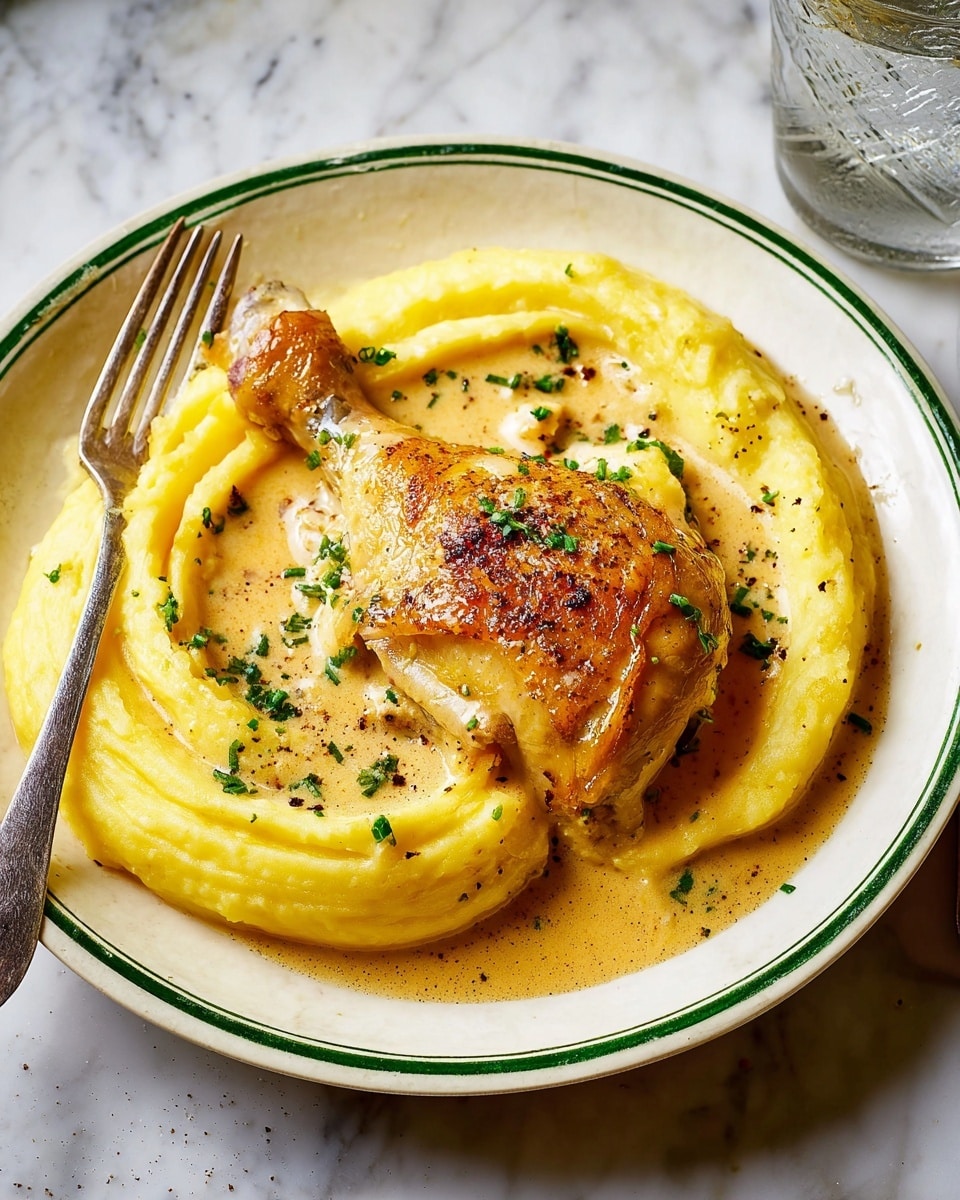 A white plate with a green rim holds a dish of smooth, yellow mashed potatoes shaped in a spiral. On top of the potatoes lies a crispy, golden-brown roasted chicken leg with visible skin texture. A light brown creamy sauce covers parts of the chicken and mashed potatoes, garnished with small green herb pieces and a sprinkling of black pepper. A silver fork rests on the left edge of the plate. The setting is on a white marbled surface, and a glass with ice water is slightly visible on the right side. photo taken with an iphone --ar 4:5 --v 7
