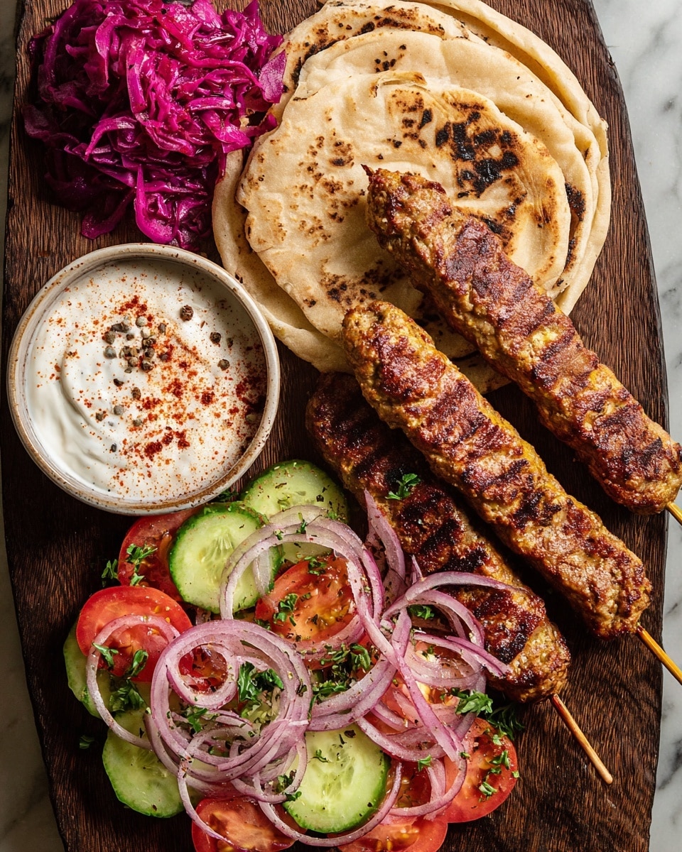 Two grilled skewers of golden-brown kebabs lay horizontally on a dark wood board. To the right of the kebabs are light brown, slightly charred flatbreads stacked and torn slightly on top. Below the flatbreads is a fresh salad with layers of round red tomato slices, green cucumber slices, and thin crescent-shaped purple onion strips, all sprinkled with black pepper and small green herbs. In the top left corner, there is a small pile of shredded deep purple pickled cabbage. At the bottom left of the board, a white bowl holds a creamy white yogurt sauce topped with a light sprinkle of reddish spice. The whole scene rests on a white marbled background. photo taken with an iphone --ar 4:5 --v 7