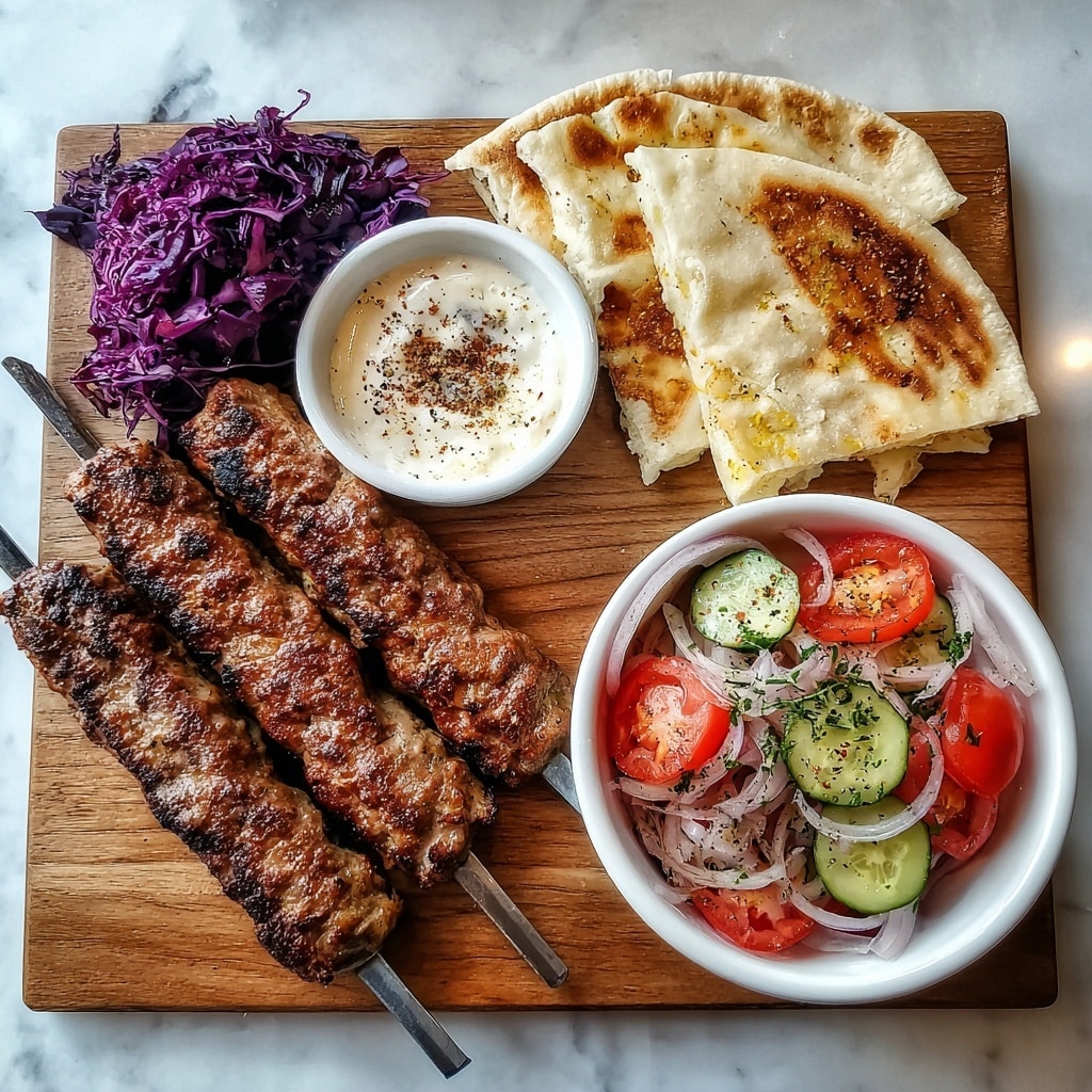 The image shows a wooden board with two grilled meat kebabs on metal skewers, placed side by side with a browned, slightly crispy texture. To the right, there is a fresh salad made of sliced red tomatoes, pale green cucumber slices, and thin rings of light purple onion, sprinkled with black pepper and herbs. Above the salad, there are two pieces of light golden flatbread with some dark spots and a torn section. In the top left corner, there is a small pile of shredded dark purple cabbage. In the bottom left corner, a small white bowl contains a creamy white sauce topped with a sprinkle of dark spice. The whole arrangement is on a white marbled surface. Photo taken with an iphone --ar 4:5 --v 7