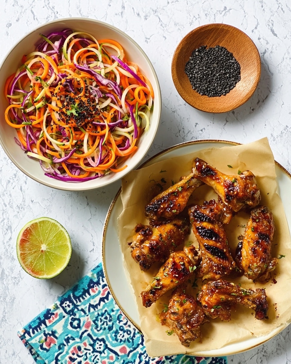 The image shows a white round plate with a piece of beige parchment paper holding about ten dark brown glazed chicken wings coated in a sticky sauce, unevenly spread on the plate. To the left is a white bowl filled with a colorful salad made of spiral-cut orange carrots and thinly sliced red onions, with some black seeds sprinkled on top. Below the bowl is a small white dish containing coarse black salt or seasoning. A halved lime with green flesh sits beside the small dish. All items are placed on a white marbled surface with a folded blue and white patterned cloth layered over a yellow edge underneath the plate. photo taken with an iphone --ar 4:5 --v 7