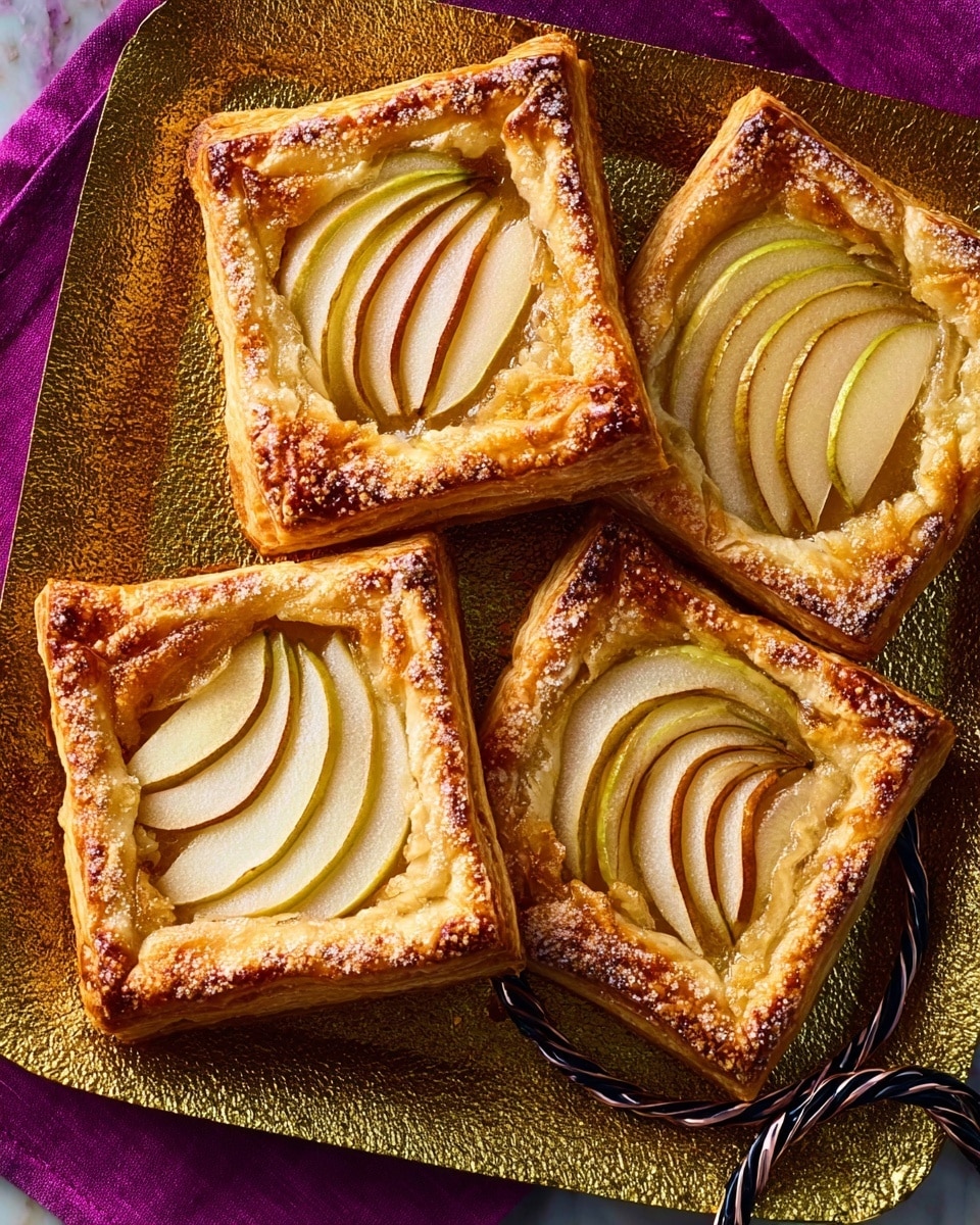 Five square-shaped puff pastries with golden-brown, flaky edges are arranged closely on a gold-colored textured tray. Each pastry has thin slices of pear fanned out neatly in the center, showing a gradient of pale green to light brown skin and white flesh. The pear slices on the pastries slightly overlap, creating a smooth, curved pattern. The tray sits on a bright purple cloth that adds a strong contrast to the golden pastries and white marbled surface beneath. A twisted black and white string is seen at the bottom right corner, adding a subtle accent. Photo taken with an iphone --ar 4:5 --v 7