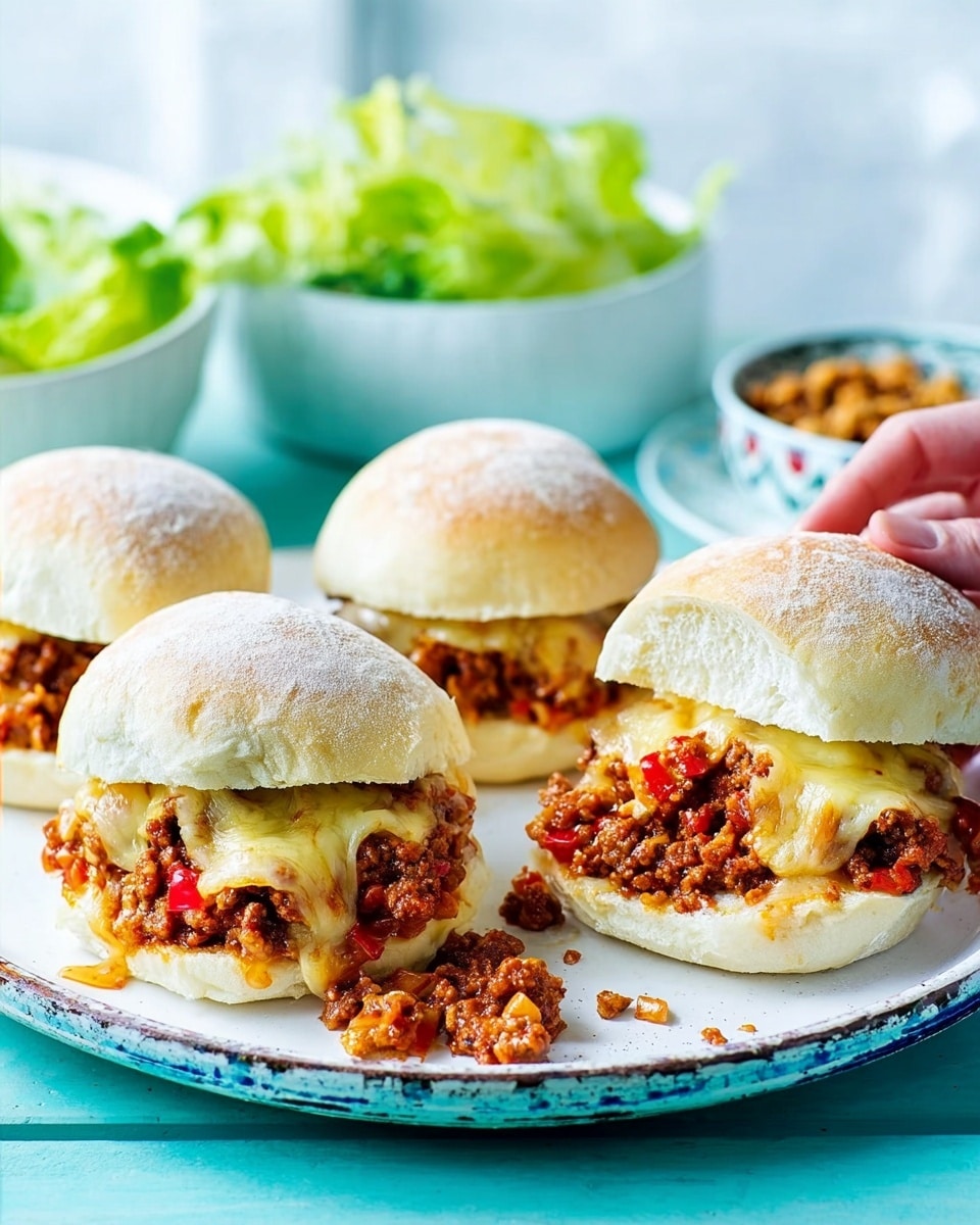 The image shows four white sandwich buns filled with layers of chunky red meat sauce mixed with small pieces of red bell peppers, topped with melted pale yellow cheese that is slightly browned and gooey. The buns have a soft white texture with a light dusting of flour on top. They are arranged on a white plate with a rustic colorful rim, placed on a bright turquoise surface. Behind the plate, there is a white bowl filled with fresh bright green lettuce and another white bowl containing a small heap of crunchy brown bits. A woman's hand is lifting one bun, showing the inside layers clearly. The background is a soft white with a hint of light. photo taken with an iphone --ar 4:5 --v 7