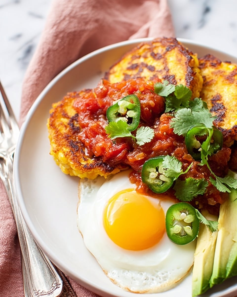 The image shows a white plate with two layers of golden grilled bread at the bottom, slightly charred with a crispy texture. On top of the bread are slices of fresh bright green avocado placed on the right side. Over the avocado and bread, there is a layer of chunky red salsa with a thick, slightly wet texture. A sunny-side-up egg with a bright yellow yolk and firm white sits adjacent to the avocado, partially covered by salsa. Fresh green cilantro leaves and thin slices of green chili pepper are sprinkled on top as garnish. A woman's hand holding a fork is visible near the plate, which rests on a white marbled surface next to a light pink cloth napkin. photo taken with an iphone --ar 4:5 --v 7