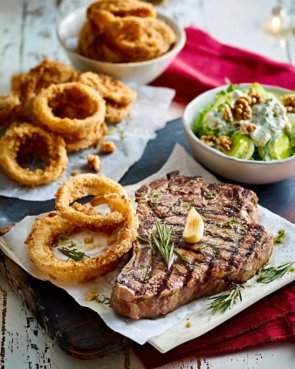 This image shows a white square plate with two grilled beef steaks placed side by side, each steak has a brown, slightly charred texture with grill marks, and some green herbs and a peeled garlic clove on top for garnish. To the left of the plate, some golden brown, crispy onion rings are casually placed on white parchment paper on a dark cutting board. Above the plate is a white bowl filled with more onion rings, stacked high with a crunchy texture. To the right side, there is a white bowl holding a green wedge salad, topped with creamy dressing and scattered walnut pieces, sitting on a red cloth napkin. The entire setup is on a white marbled surface with a rustic, homey feel. Photo taken with an iphone --ar 4:5 --v 7