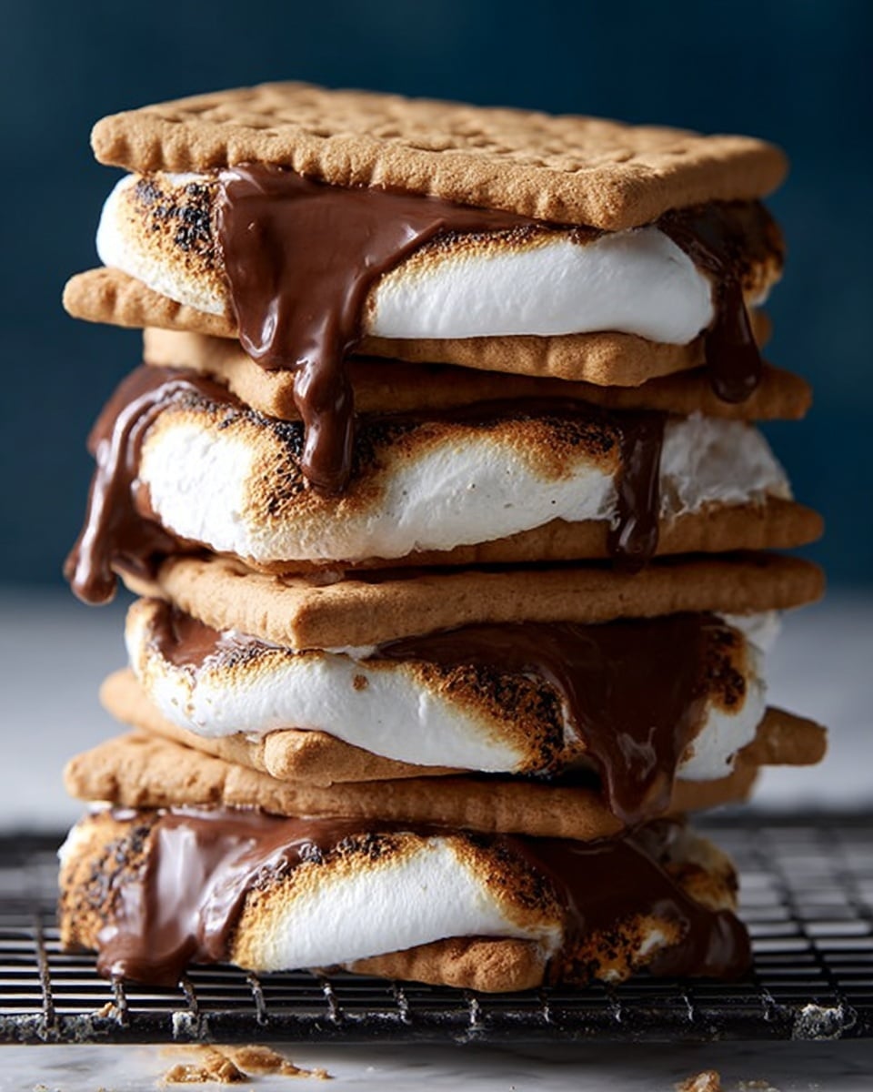 A tall stack of four s'mores is shown with each s'more having two light brown, textured square cookies on the top and bottom. Between the cookies, there is a thick white marshmallow layer with a gooey milk chocolate layer that is melting and dripping slightly over the edges of the marshmallow and cookies. The s'mores rest on a black cooling rack with a dark blue background, all placed on a white marbled surface. The texture of the marshmallow looks soft and fluffy while the chocolate is shiny and smooth. Photo taken with an iphone --ar 4:5 --v 7