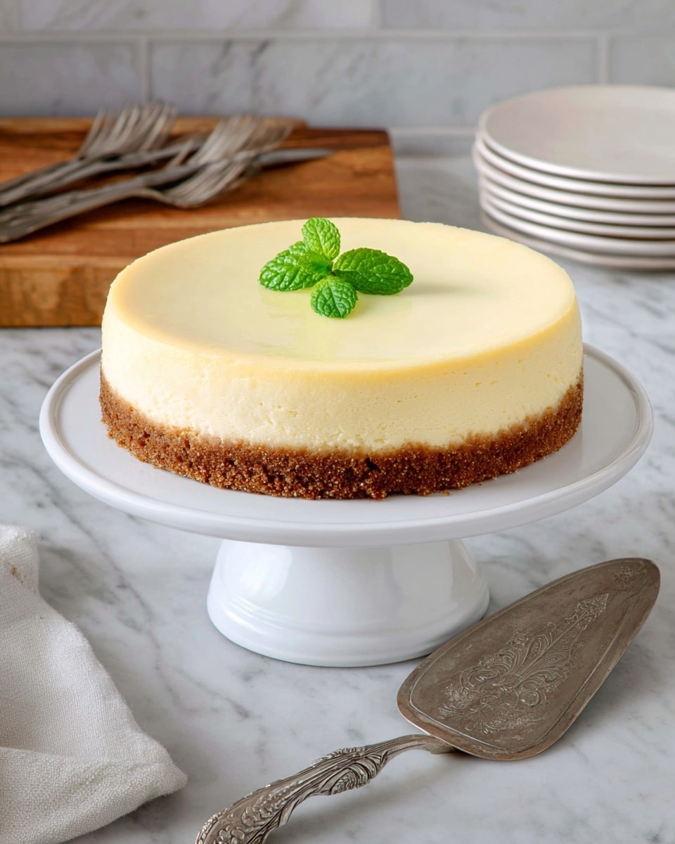 A round cheesecake with two layers sits on a white cake stand; the bottom layer is a thick, crumbly brown crust, and the top layer is a smooth, creamy pale yellow cheesecake. On top of the cheesecake are two small green mint leaves placed in the center for decoration. To the right side of the cake stand is a silver cake server with an ornate handle, and the background includes a wooden board with silver forks resting on a white cloth and a stack of white plates. The whole scene is set on a surface with a white marbled texture. photo taken with an iphone --ar 4:5 --v 7