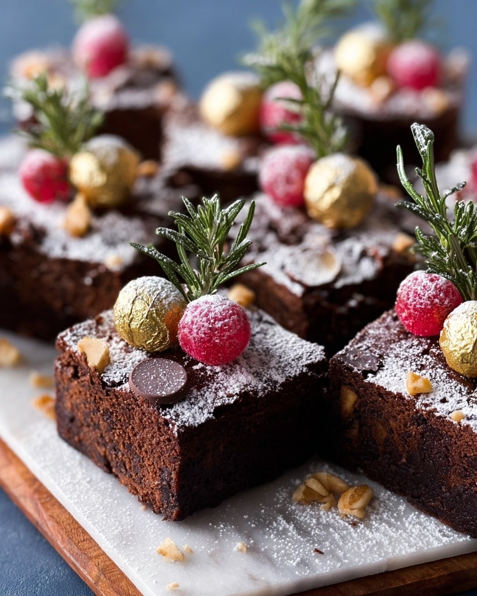 The image shows several thick square brownie pieces arranged closely on a wooden board placed on a white marbled surface. Each brownie is dark brown with a soft, dense texture and is dusted lightly with powdered sugar on top. On each piece, there is a vibrant red sugared berry, a small golden chocolate ball, and a sprig of fresh green rosemary, giving a festive look. Some brownies also have small round chocolate discs and crushed nuts sprinkled over them. The overall arrangement is cozy and inviting, with a clear focus on the rich dark chocolate and colorful toppings. Photo taken with an iphone --ar 4:5 --v 7