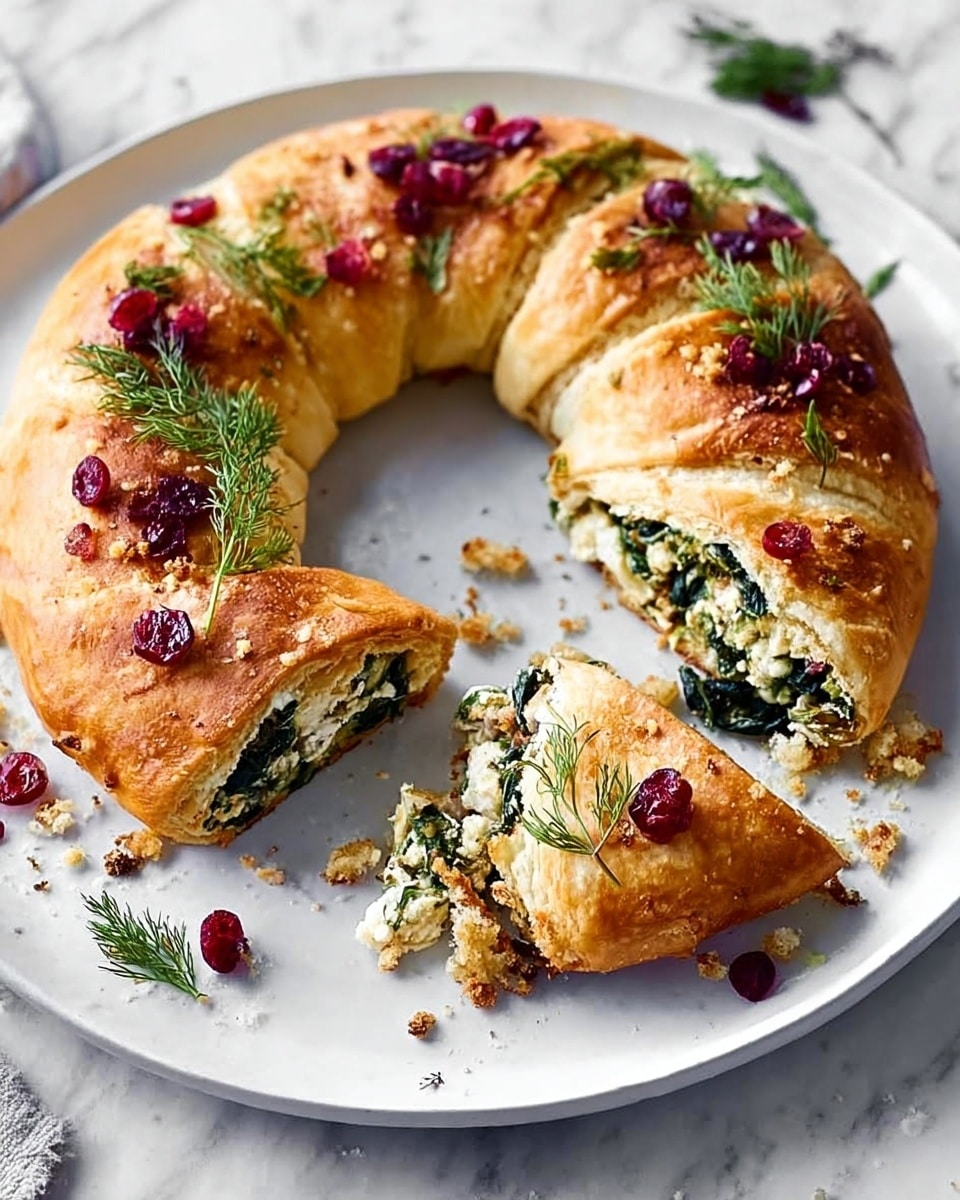 A golden brown, crescent-shaped pastry ring with a flaky, layered texture sits on a white plate. The pastry is cut to show a filling of green spinach mixed with white cheese inside. Small sprigs of fresh green dill and scattered red dried cranberries decorate the top, adding color contrast. Crumbs from the pastry are scattered around on the plate, which rests on a white marbled surface. Photo taken with an iphone --ar 4:5 --v 7