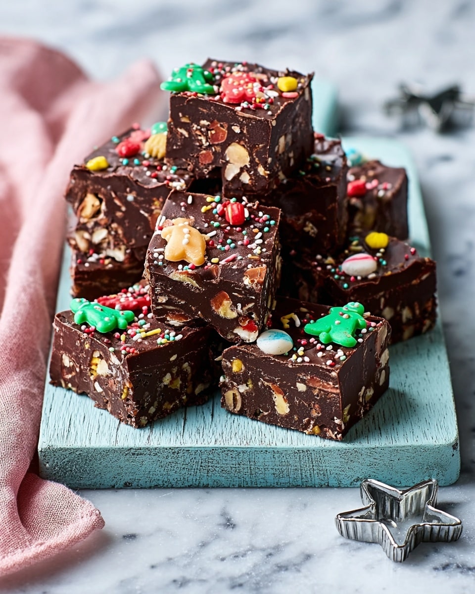 The image shows a stack of small chocolate fudge squares placed on a light blue wooden board. Each fudge piece has a dark brown shiny surface and looks rich and dense, with bits of nuts and small colorful candy pieces inside. The fudge squares are decorated on top with tiny, detailed holiday-themed candy shapes like gingerbread men, candy canes, and small round sprinkles in red, green, and yellow colors. The background is a white marbled surface, with a soft pink cloth draped slightly on the left side and two metal star-shaped cookie cutters nearby. Photo taken with an iphone --ar 4:5 --v 7