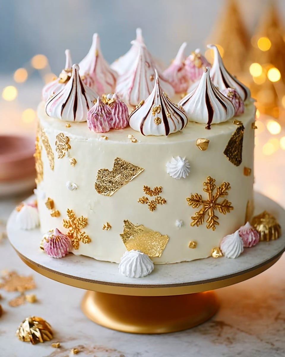 A round cake with two visible layers covered in smooth white frosting, decorated with irregular gold-colored foil pieces and small gold snowflake shapes on the sides and top. The top edge of the cake is adorned with several swirled meringue kisses in white, pink, and white with chocolate drizzle, arranged evenly. More meringue kisses and gold snowflakes are scattered on a white marbled surface around the base. The cake sits on a shiny gold cake stand with soft golden lights blurred in the background. Photo taken with an iphone --ar 4:5 --v 7