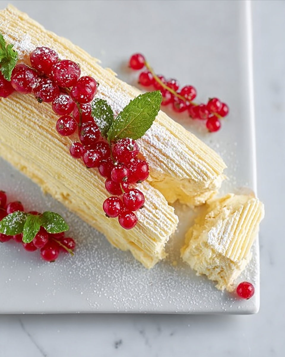 A long, thick slice of light yellow cake with smooth, creamy frosting layered evenly on top and textured with parallel lines runs diagonally on a white rectangular plate. The cake is decorated with small clusters of bright red currants and fresh green mint leaves placed along the top for color contrast. A dusting of powdered sugar gently covers the cake and surrounding plate, adding a soft white texture. A small piece of cake is broken off at the front, revealing a fluffy, light crumb with a creamy white filling inside. The white plate rests on a white marbled surface with a slight red background edge visible on the left side. photo taken with an iphone --ar 4:5 --v 7