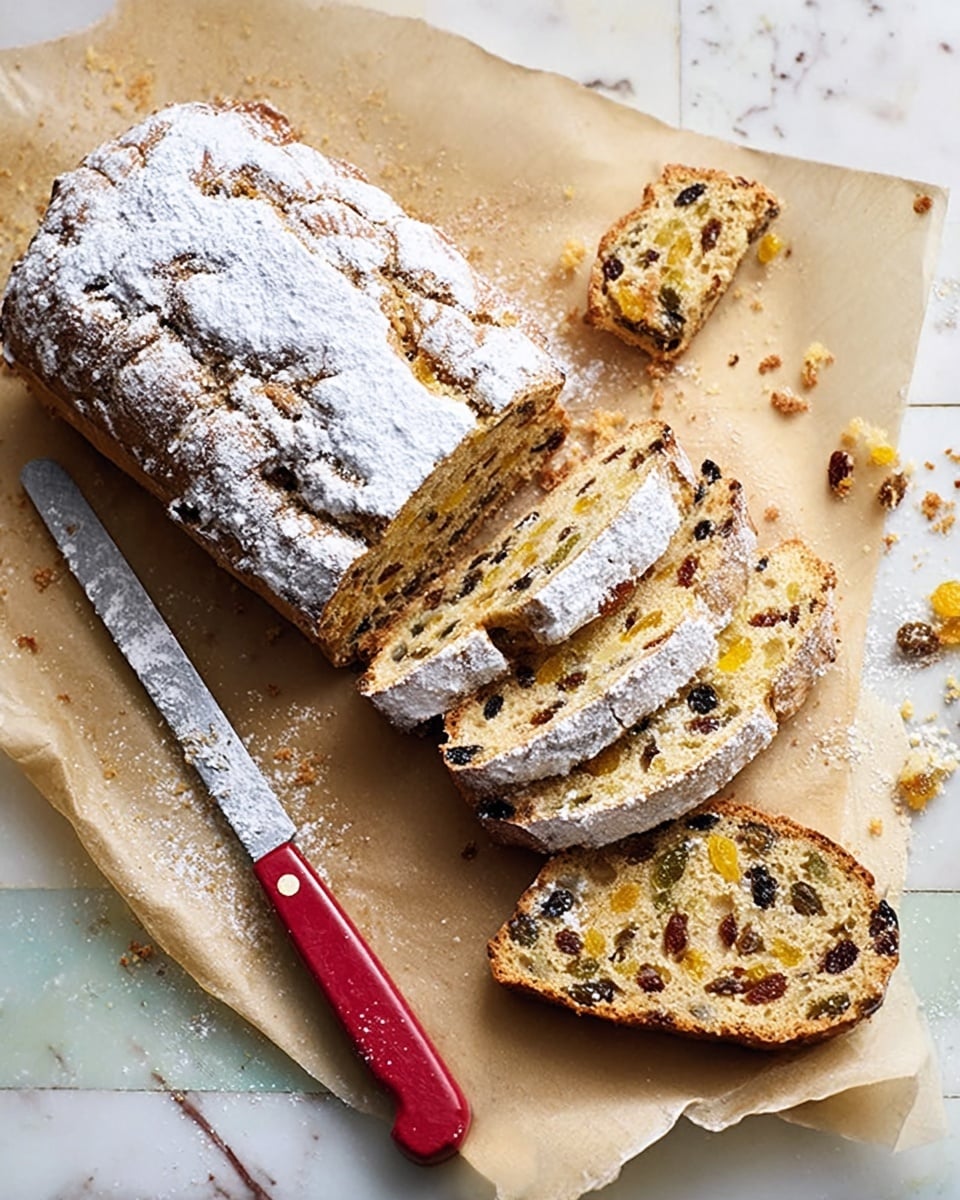 A loaf of fruit bread dusted with white powdered sugar is placed on a sheet of light brown parchment paper, itself on a white marbled surface. The loaf is cut into six slices, revealing a dense interior filled with small dark spots of dried fruit and larger pieces of yellow fruit spread evenly throughout. A red-handled bread knife rests next to the loaf on the parchment paper. Bits of bread crumbs are scattered around the sliced pieces. Photo taken with an iphone --ar 4:5 --v 7