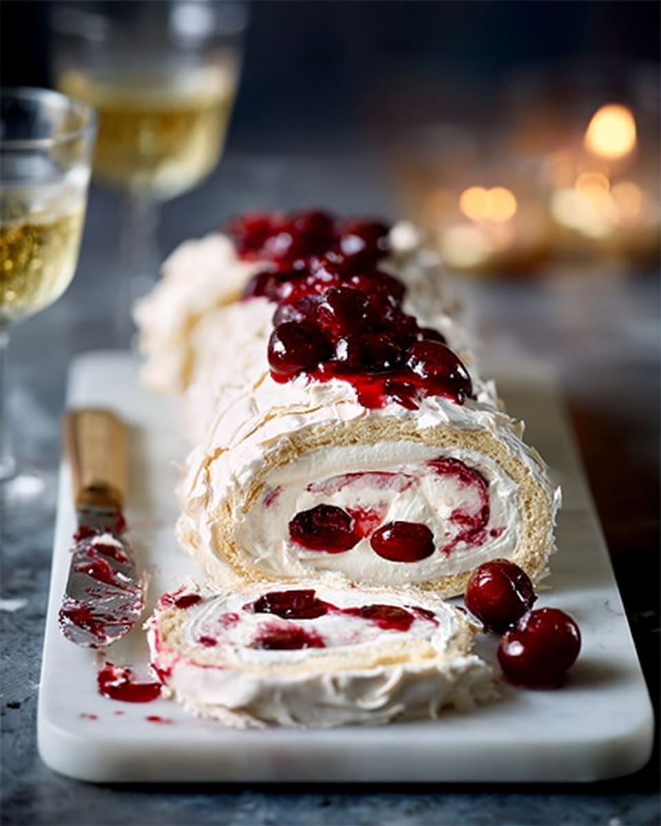 A white rectangular serving plate holds a rolled dessert with multiple layers, starting with a light, fluffy outer layer that looks dry and powdery, and inside soft white cream spread evenly. Swirls of dark red, jam-like fruit filling are spread within the cream and on top, with whole dark cherries scattered over the top layer. Next to the plate, a knife with a silver handle shows traces of the red filling. In the background, blurry candle lights add a warm glow, all set on a white marbled surface. photo taken with an iphone --ar 4:5 --v 7