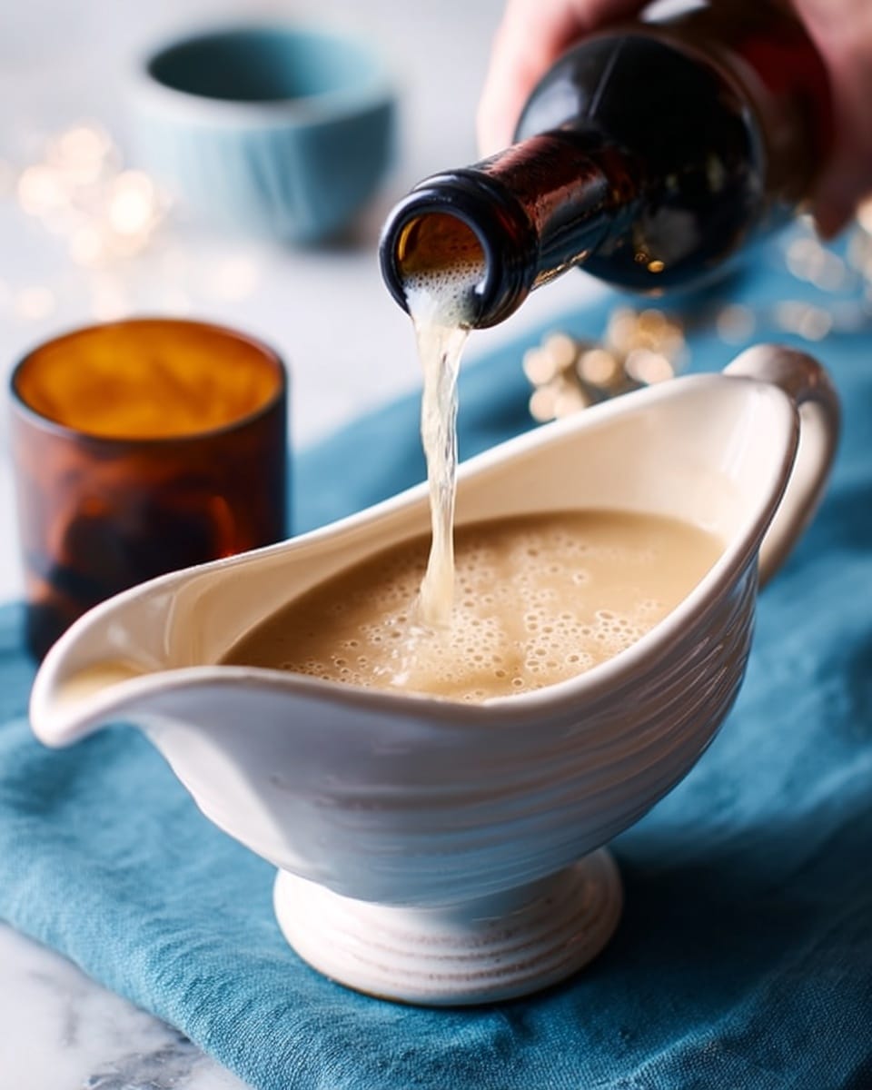 A creamy light beige sauce is inside a white gravy boat with a smooth, curved edge and a handle at the back. A woman's hand is pouring a clear liquid from a dark bottle into the sauce, making small bubbles on the surface. The gravy boat is placed on a blue cloth, set on a white marbled surface. In the background, there is a blurry small brown glass container and another partially visible white bowl. The overall focus is on the gravy boat and the liquid being poured. photo taken with an iphone --ar 4:5 --v 7