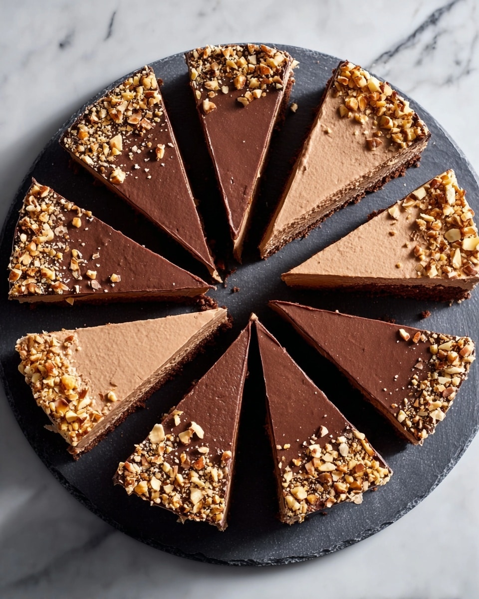 A round chocolate cake cut into ten slices is shown from above on a white marbled surface. The cake has two main layers: a smooth, thick chocolate frosting layer on top with a swirl texture, and a slightly darker chocolate base layer visible on the sides. Five of the slices are topped with a generous sprinkle of crushed nuts, adding a rough, crunchy texture to the glossy frosting. The remaining slices have just the smooth chocolate frosting without toppings. The cake sits on a black round serving board, contrasting with the white marbled background. photo taken with an iphone --ar 4:5 --v 7