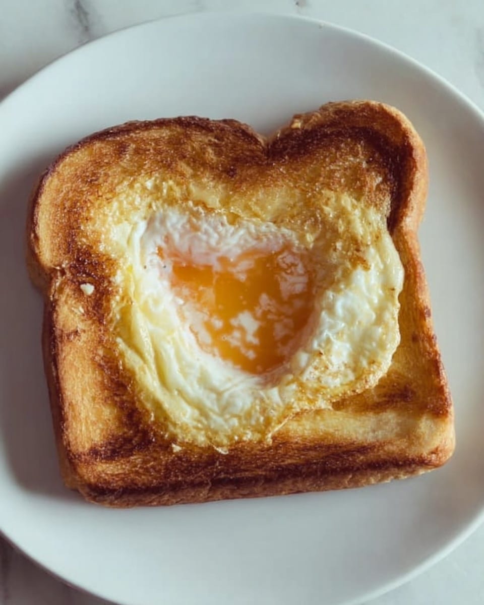 A white plate holds a single piece of toasted bread with a cooked egg inside. The bread is golden brown and toasted, with slightly darker edges. The egg is cooked inside the bread hole, with a white part that is firm and a yolk that is partially broken and spread slightly, showing orange-yellow color. The surface of the bread and egg has some uneven textures, indicating a home-cooked style. The background is a white marbled texture. photo taken with an iphone --ar 4:5 --v 7