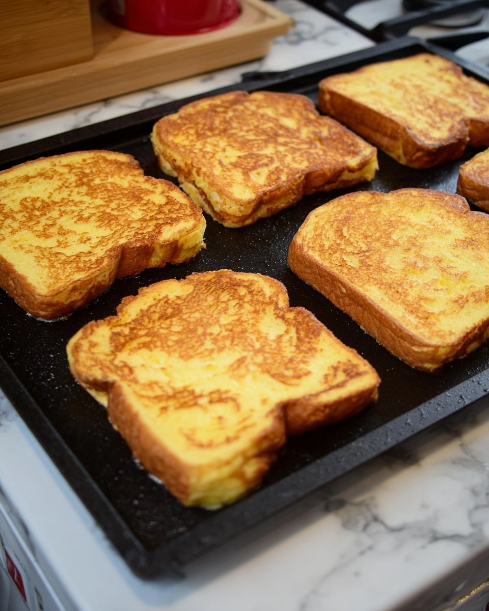 Five slices of French toast are cooking on a black griddle. Each slice has a golden brown surface with some darker browned spots, showing a crispy texture. The bread edges are a deeper brown, slightly thick and soft looking. The griddle is on a stovetop with a white marbled countertop visible around it. The French toast slices are evenly spaced, with three on the left and two on the right, filling most of the griddle's area. Photo taken with an iphone --ar 4:5 --v 7