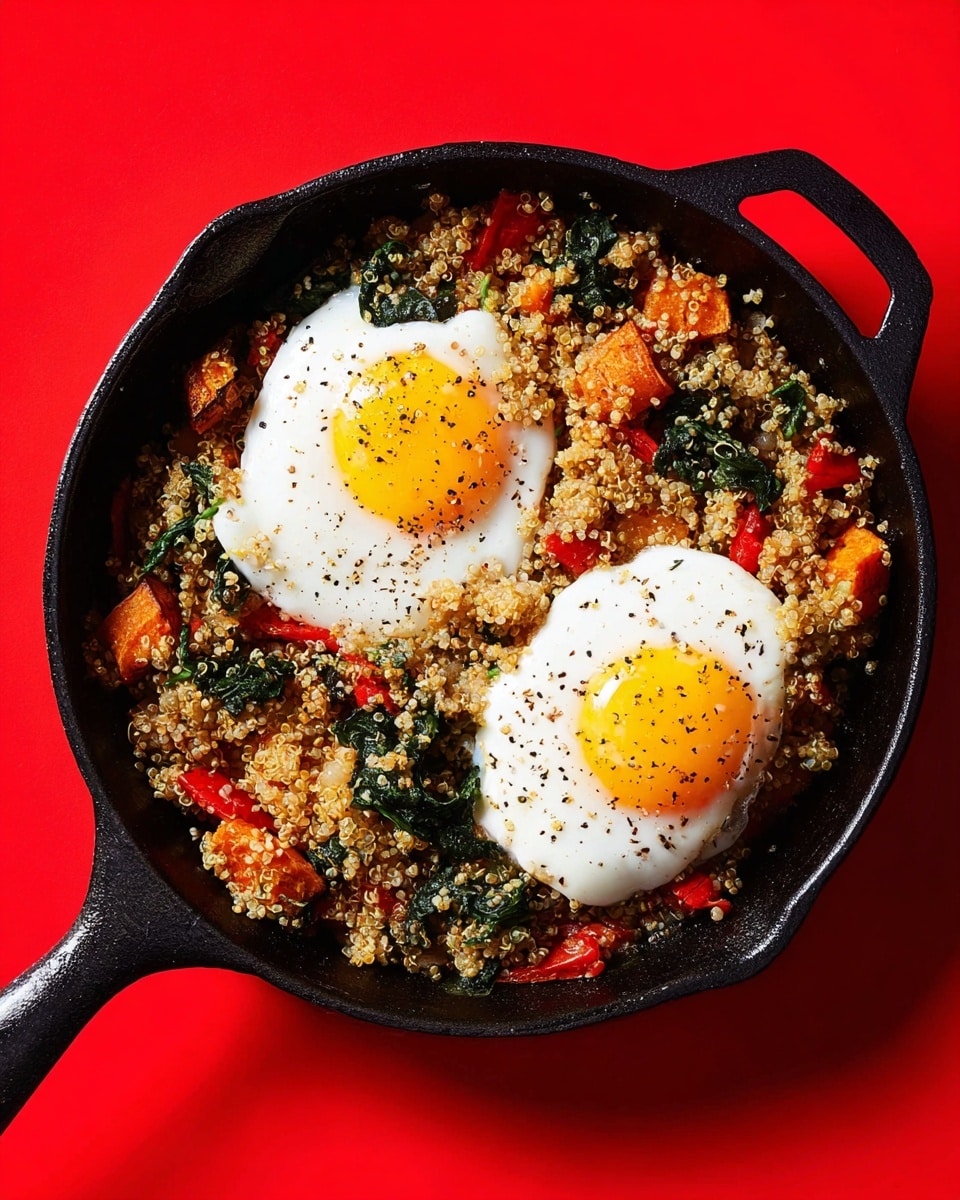A black cast iron skillet holds a dish with two main layers. The bottom layer is a mix of small, grain-like quinoa with pieces of orange sweet potato, red bell peppers, and bits of dark green spinach, giving a textured and colorful look. On top, there are two sunny side up eggs with bright yellow yolks and soft white edges, sprinkled with some black pepper. The skillet is set on a bright red surface. photo taken with an iphone --ar 4:5 --v 7