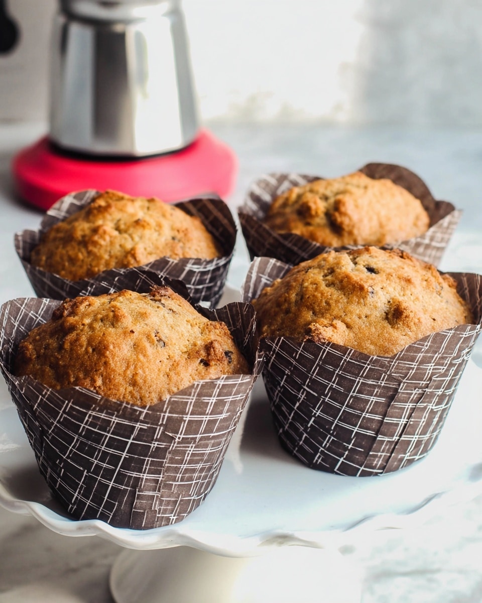 Four muffins with golden brown tops and slightly cracked surfaces are wrapped in dark brown and black checkered paper liners. They sit close together on a white cake stand with a scalloped edge, placed on a white marbled surface. In the background, a silver stovetop coffee maker with a red base is slightly blurred. The lighting is bright and natural, highlighting the rough texture of the muffins and the smooth surface of the cake stand photo taken with an iphone --ar 4:5 --v 7