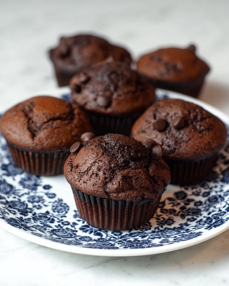 A close-up of six rich, dark brown chocolate muffins with smooth tops and visible chocolate chips scattered on the surface, each inside a white ridged paper cup, arranged with one muffin sitting prominently on a white plate featuring intricate blue floral patterns, while the other five muffins are placed in the background directly on a white marbled surface, creating a simple but elegant display. photo taken with an iphone --ar 4:5 --v 7