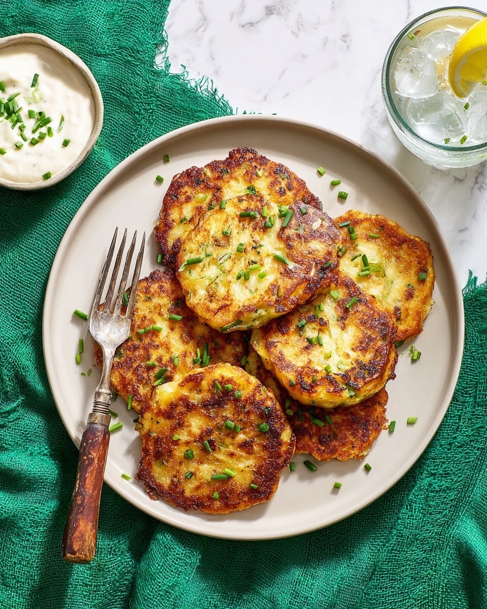 A white round plate holds six golden-brown potato pancakes stacked unevenly, showing their crispy, slightly charred texture and visible green chive pieces scattered on top. A vintage fork with a wooden handle rests on the left side of the plate. Below the plate is a green cloth on a white marbled surface. To the left of the plate, a small white bowl contains a creamy white dipping sauce topped with chopped chives. To the right, there is a clear glass filled with ice water and a lemon slice. The scene is bright and fresh. photo taken with an iphone --ar 4:5 --v 7