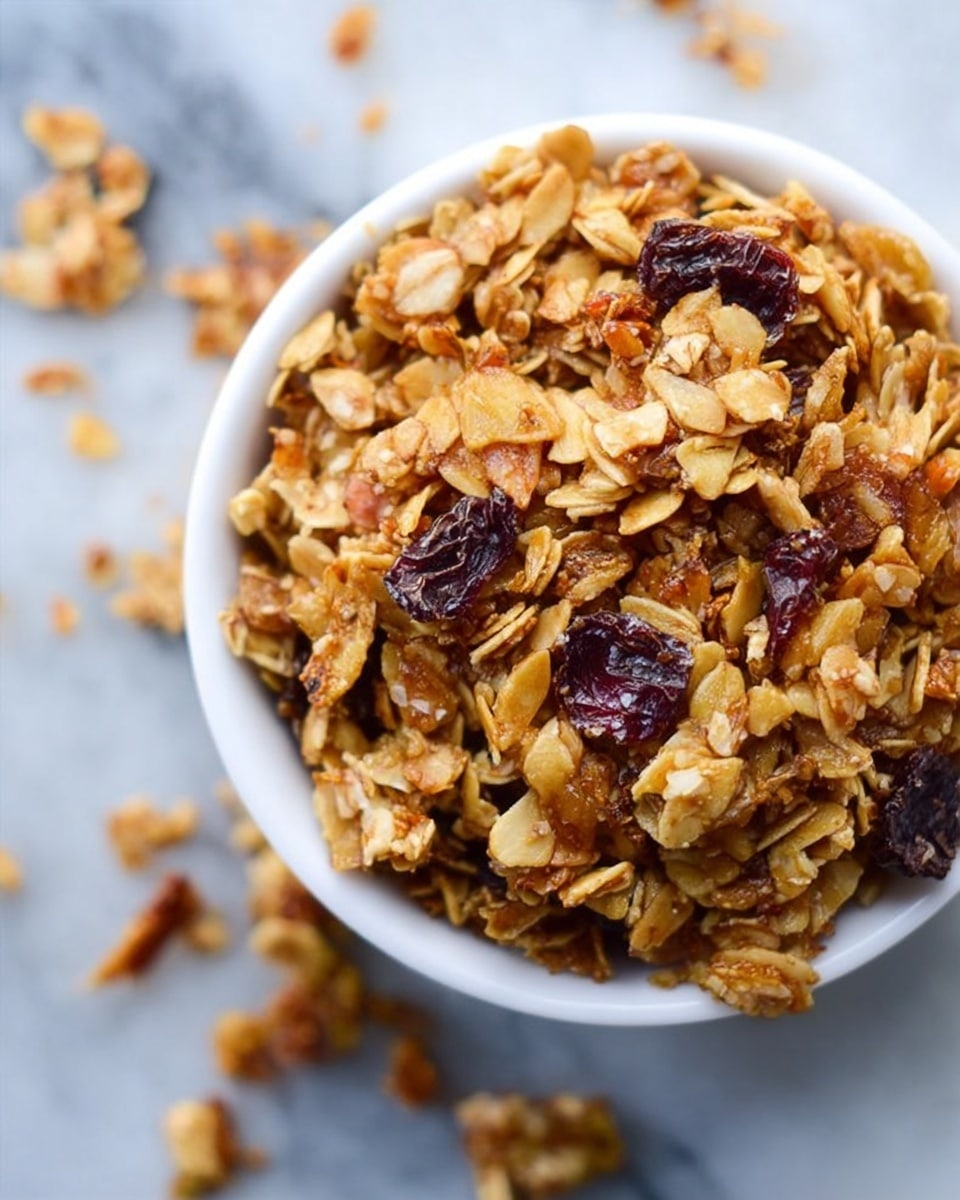 A close-up image of a white bowl filled with granola, which has multiple layers of toasted oats, clusters, and dark red dried fruit pieces mixed evenly throughout. The granola looks crunchy, with a mix of light brown and golden textures from the oats and a shiny, slightly sticky coating. Some loose granola pieces are scattered around the bowl on a white marbled surface. photo taken with an iphone --ar 4:5 --v 7