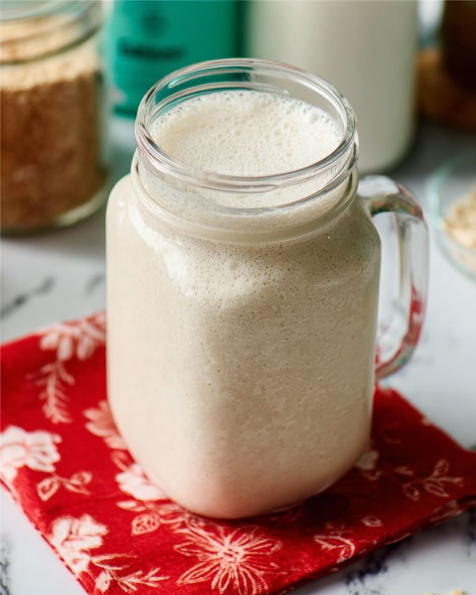 A clear glass mason jar filled with a creamy, off-white smoothie showing a smooth and slightly frothy texture on top, placed on a red cloth with a floral pattern. The jar is positioned on a white marbled surface, and in the background, there are blurry jars and containers. photo taken with an iphone --ar 4:5 --v 7