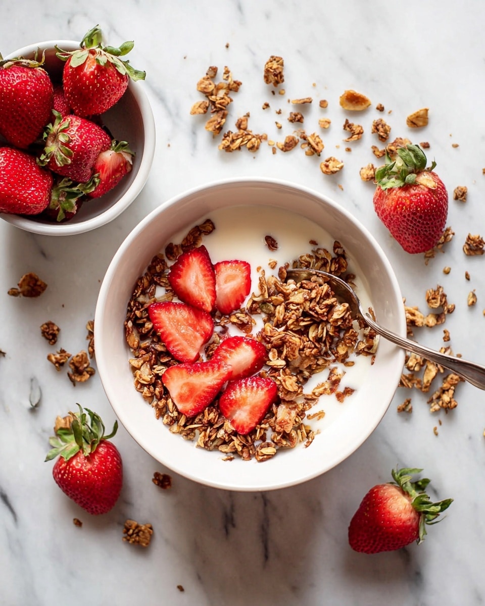 A white bowl filled with creamy white yogurt as the bottom layer, topped with a thick layer of golden brown granola mixed with sliced red strawberries placed unevenly on top. A silver spoon rests inside the bowl on the right side, partially buried in the granola. Surrounding the bowl on a white marbled surface are scattered granola pieces and several whole bright red strawberries with green leafy tops. A small white bowl to the left contains more whole strawberries. Photo taken with an iphone --ar 4:5 --v 7