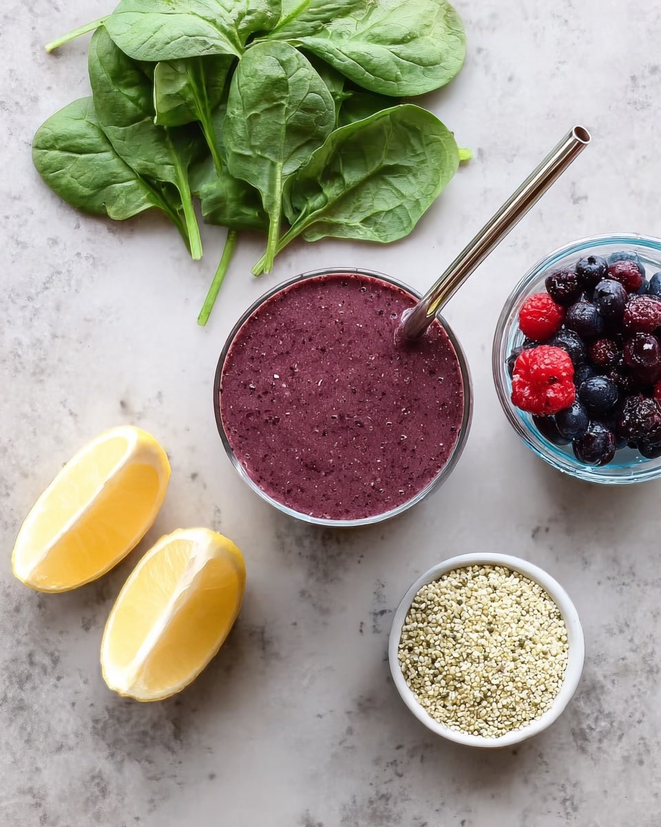 A tall clear glass filled with a thick purple smoothie stands at the center, topped with a silver metal straw. Behind the glass, fresh green spinach leaves are spread out on a white marbled surface. To the left of the glass, there are two yellow lemon wedges with smooth textures. To the right, a small clear bowl holds a mix of dark blue and red frozen berries with a frosty texture, while next to it, a small white bowl filled with pale beige hemp seeds is visible. The whole setup is placed on a white marbled surface. photo taken with an iphone --ar 4:5 --v 7