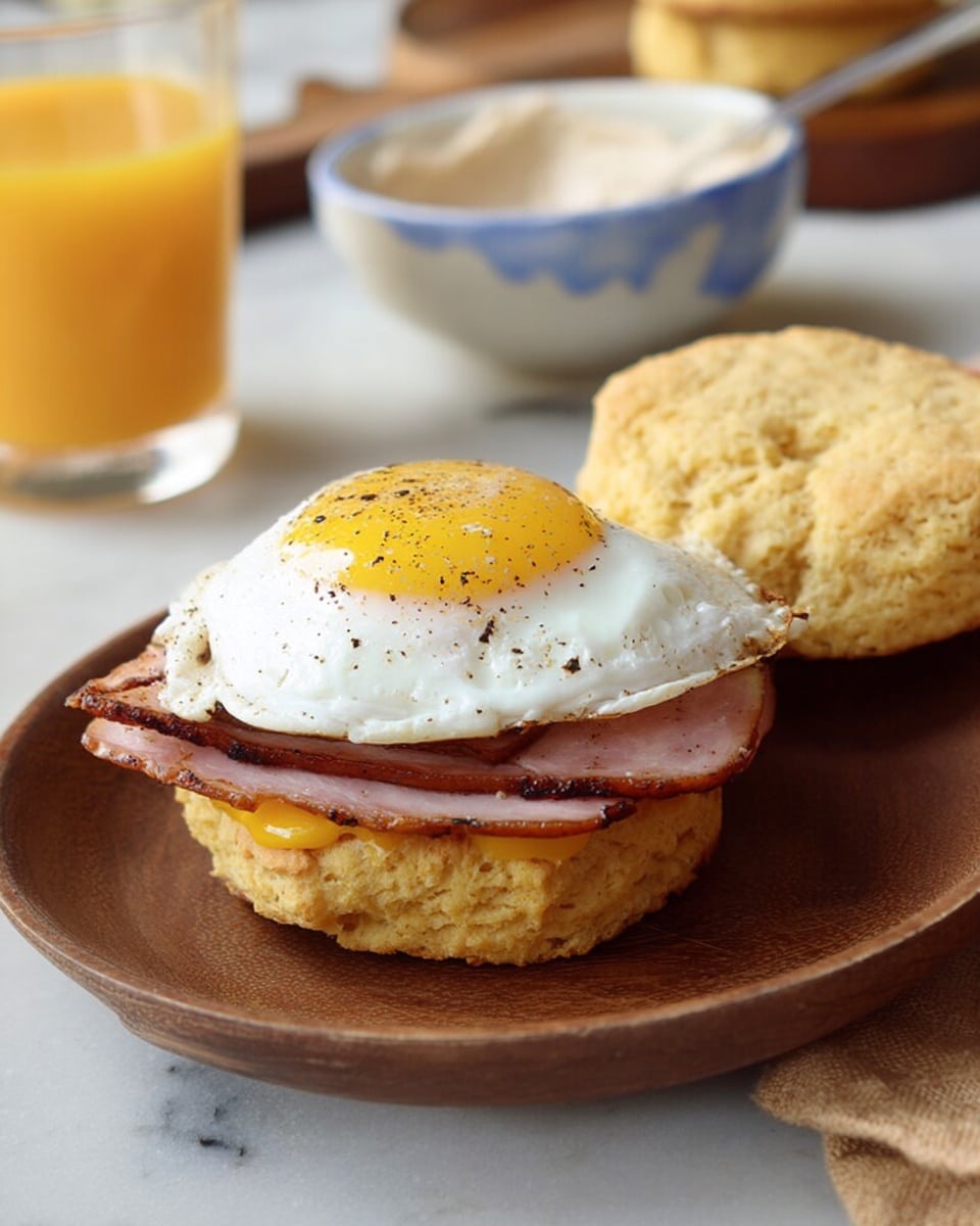 The image shows a breakfast sandwich on a white plate with a white marbled texture background. The sandwich has three layers: a biscuit bottom with a golden-brown color and crumbly texture, a thick slice of grilled ham with light browning, and a bright yellow fried egg with a runny yolk and white edges sprinkled with black pepper on top. The biscuit's top half rests nearby on the plate. Next to the plate, there is a blue and white marbled bowl filled with a light beige creamy spread, and in the background, there is a glass of orange juice. Photo taken with an iphone --ar 4:5 --v 7