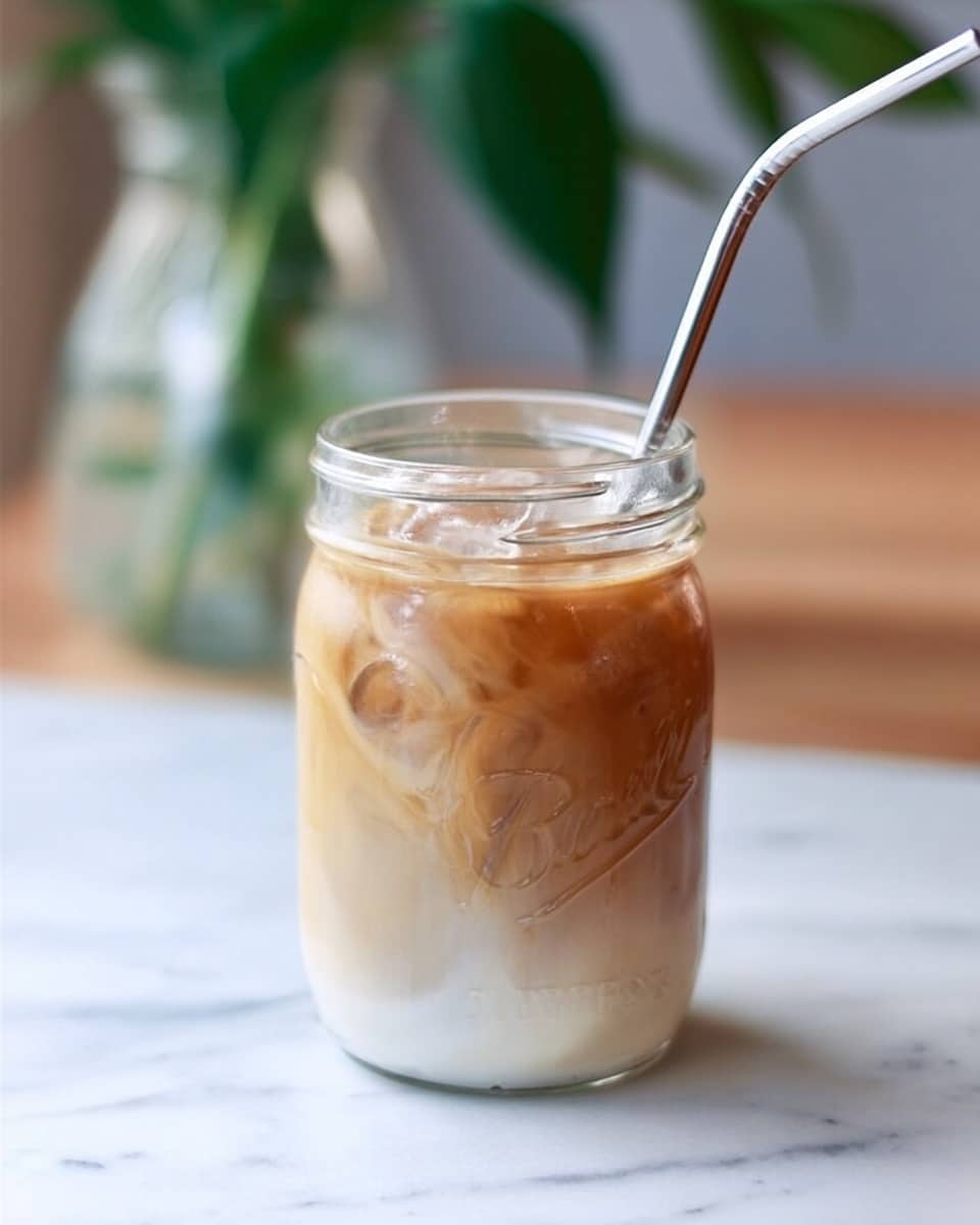 The image shows a clear glass jar filled with a layered iced coffee drink placed on a white marbled surface. The bottom layer is a smooth, milky white color, taking up about one-third of the jar. Above it is a light brown layer of coffee mixing softly with the milk underneath, creating a swirled, creamy texture. The top part of the drink is a warm medium brown shade, with some ice cubes floating near the surface. A silver metal straw sticks out from the top of the jar, angled slightly towards the viewer. In the background, blurred green leaves and a clear glass vase can be seen. Photo taken with an iphone --ar 4:5 --v 7