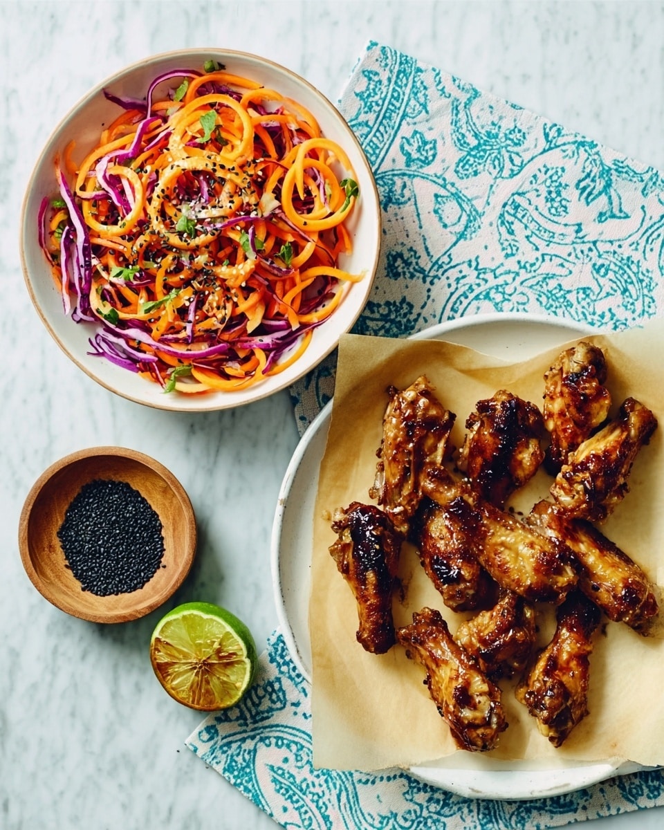 The image shows a white bowl with spiralized orange and purple vegetable noodles topped with black sesame seeds and herbs on the top left. Below it is a small wooden bowl filled with black sesame seeds. To the right is a white plate lined with beige parchment paper holding eight glazed, golden-brown grilled chicken wings. A halved lime with a slightly browned surface sits at the bottom left. All dishes rest on a white marbled surface with a folded blue and white patterned cloth underneath the plate. photo taken with an iphone --ar 4:5 --v 7